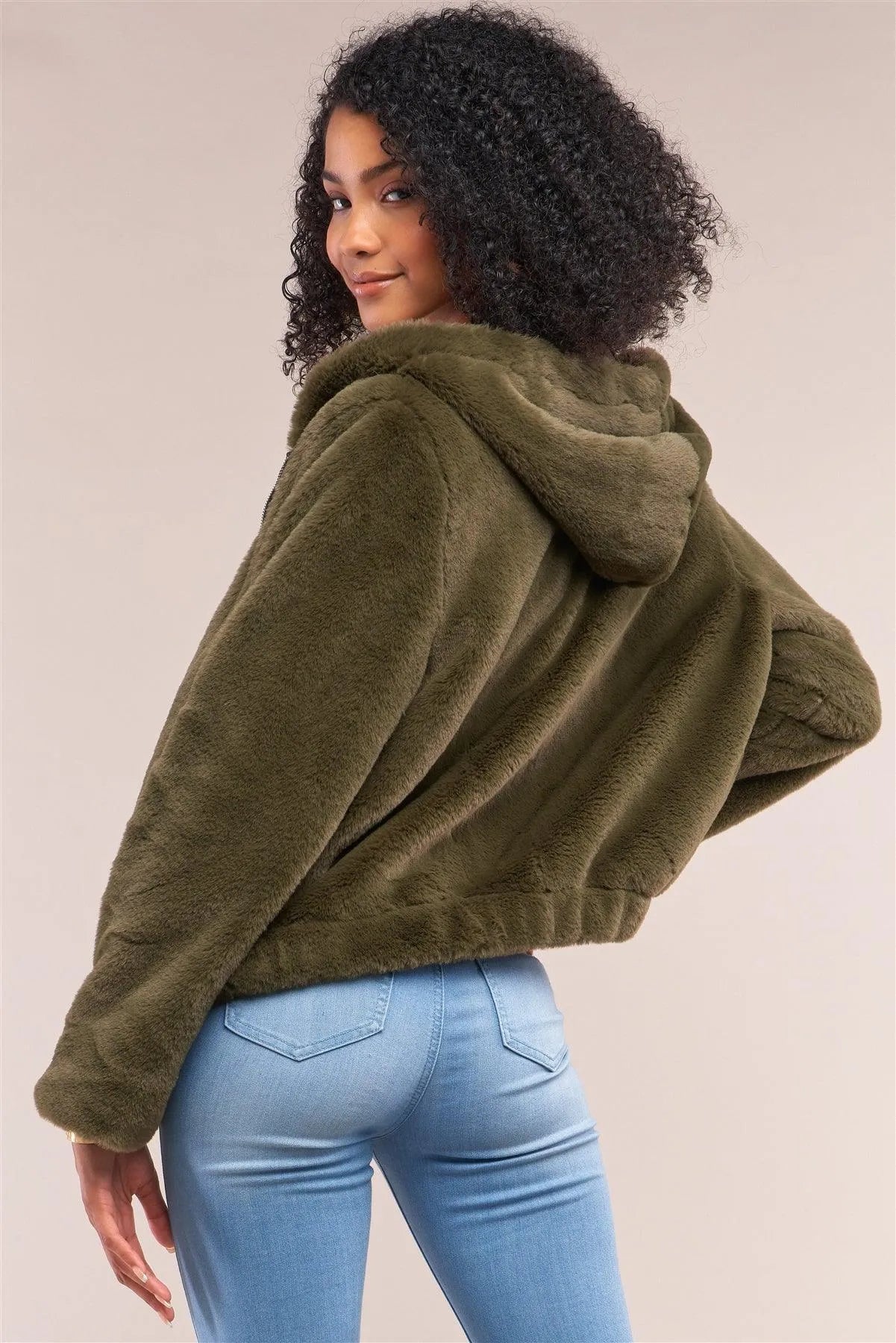 Olive Soft Faux Fur Hooded Zip-Up Jacket /4-2 - Tasha Apparel Wholesale
