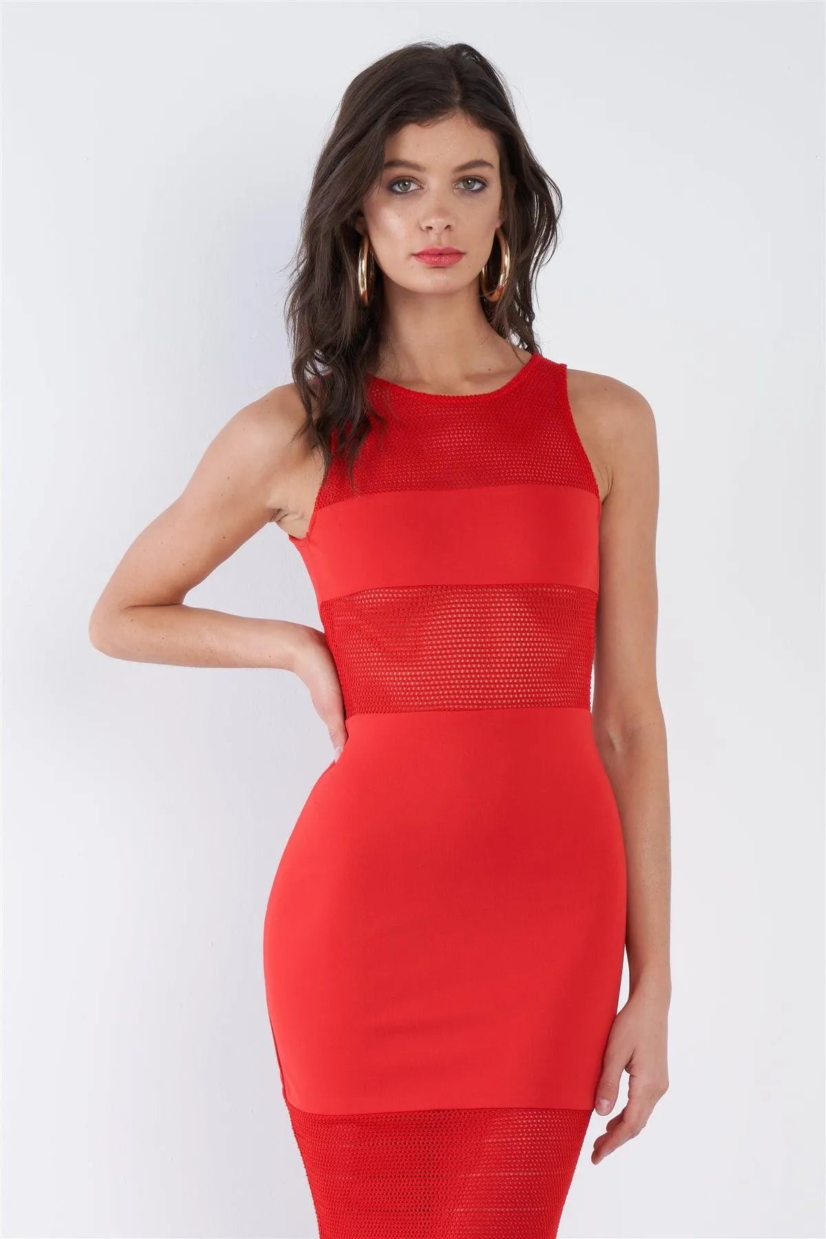 Red Color Block Sheer Knit Sleeveless Bodycon Maxi Dress /2-2-2 - Tasha Apparel Wholesale
