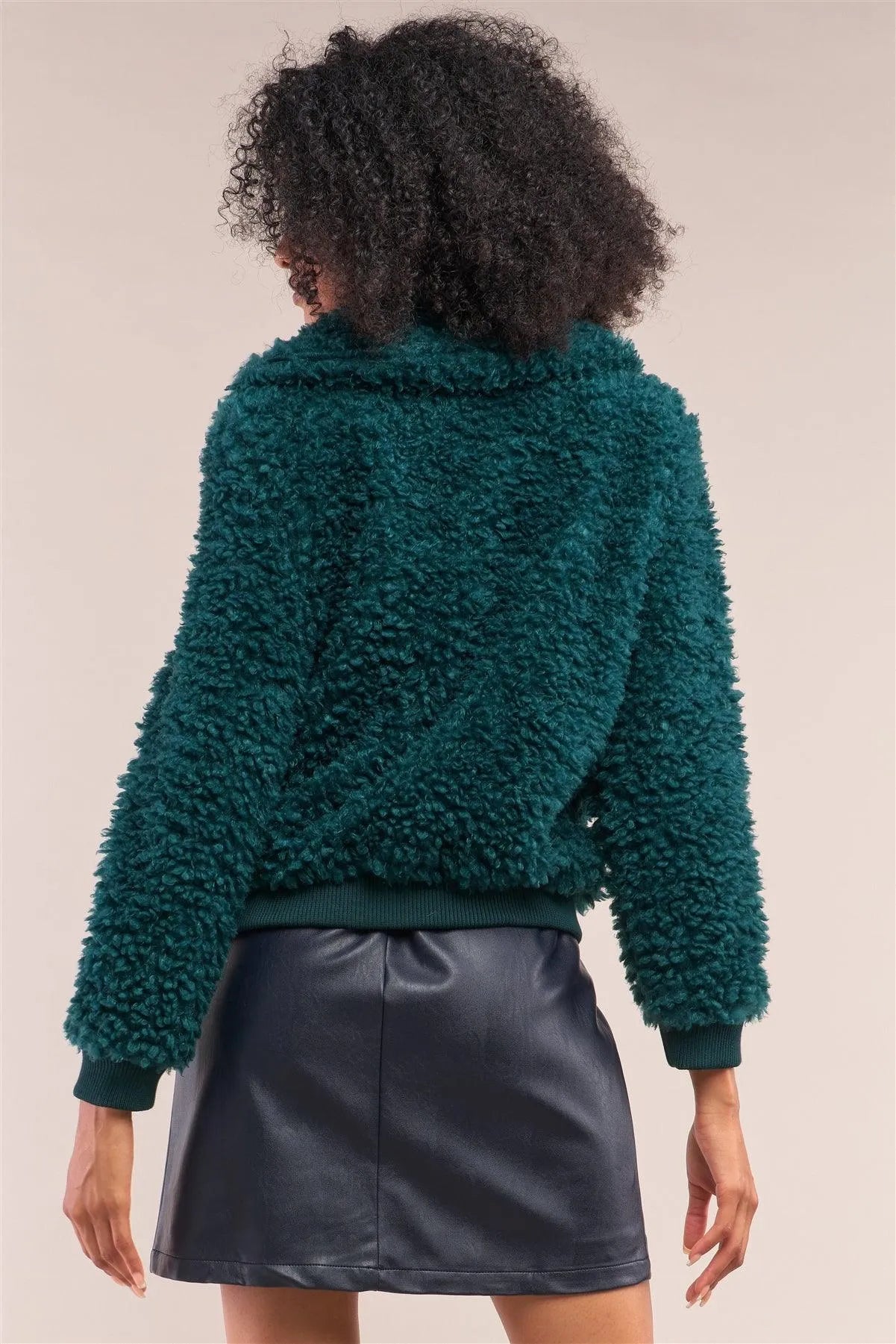Hunter Green Long Sleeve Zip Front Faux Fur Bomber Jacket /2-3-1 - Tasha Apparel Wholesale