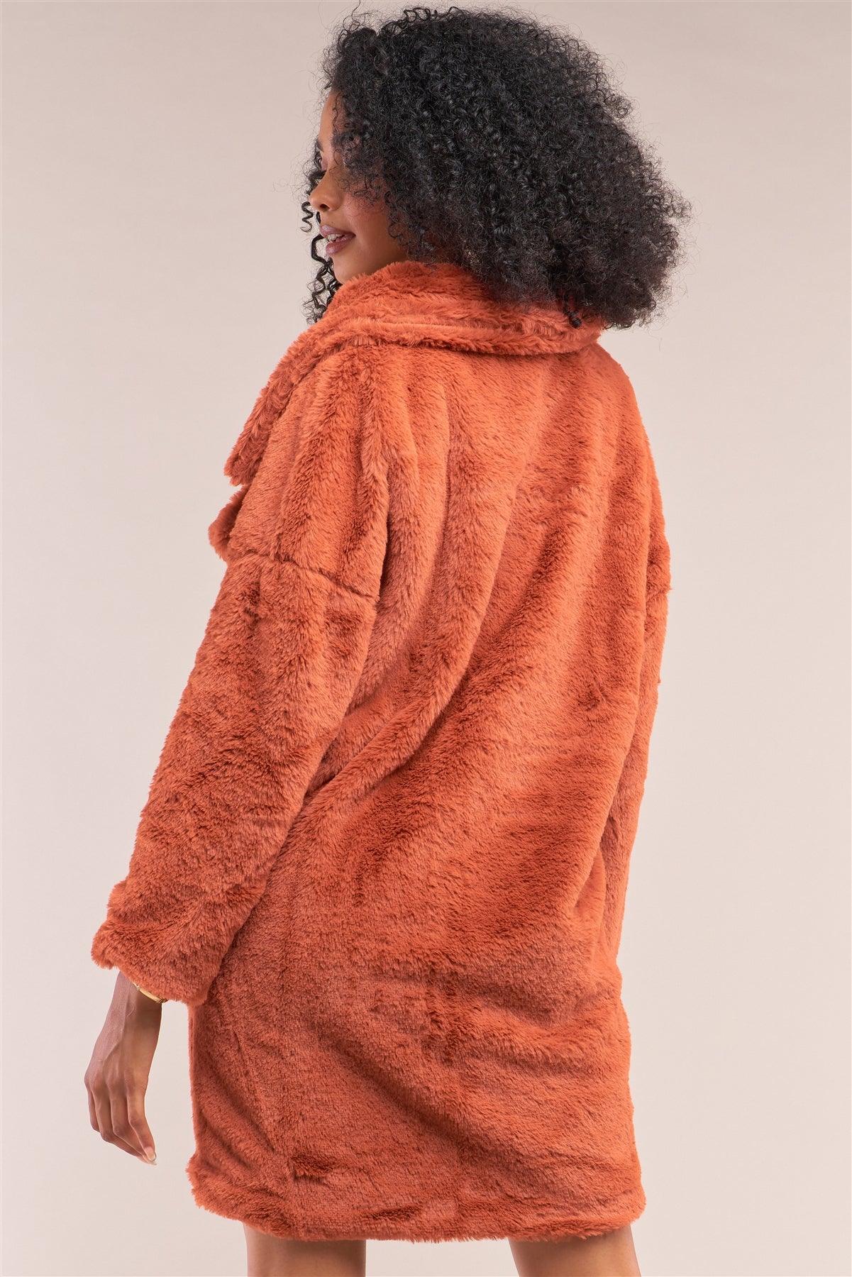 Orange Rust Oversize Lapel Collar Faux Fur Coat