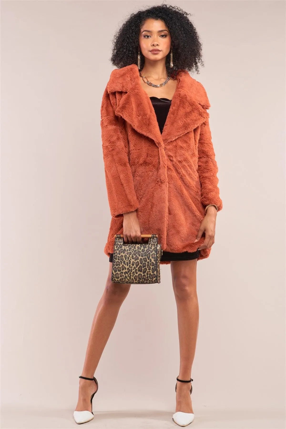 Orange Rust Oversize Lapel Collar Faux Fur Coat - Tasha Apparel Wholesale