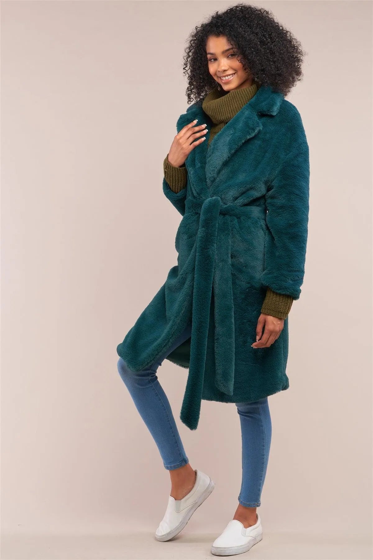 Green Soft Faux Fur Open Front Detachable Belt Long Sleeve Coat /2-2-2 - Tasha Apparel Wholesale