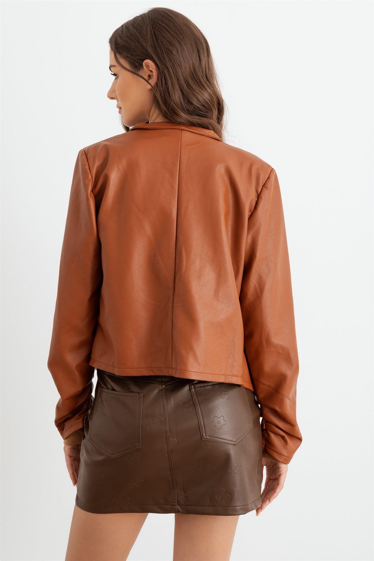 Caramel Faux Leather Ruched Long Sleeve Open Front Jacket /2-2-2