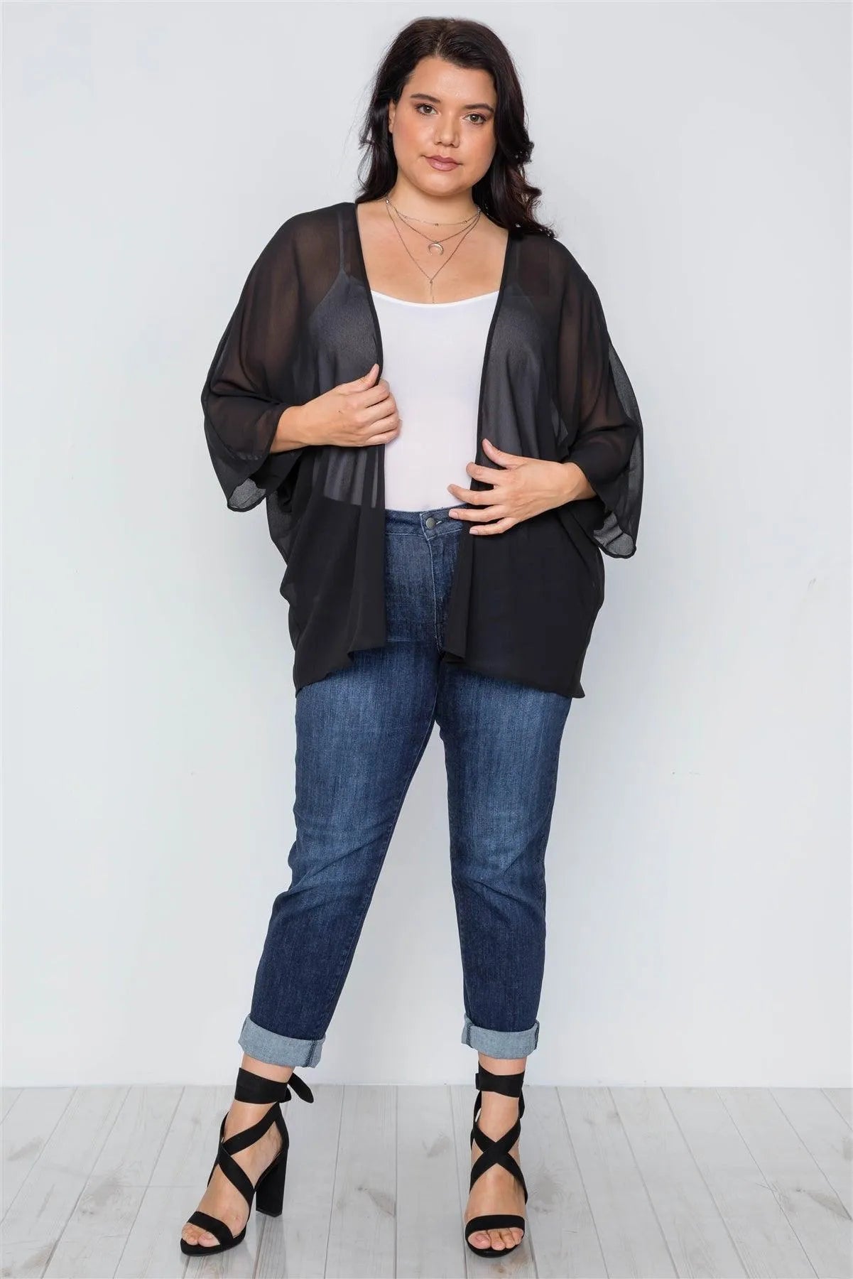 Plus Size Black Sheer Batwing Sleeves Cover Up /3-3 - Tasha Apparel Wholesale