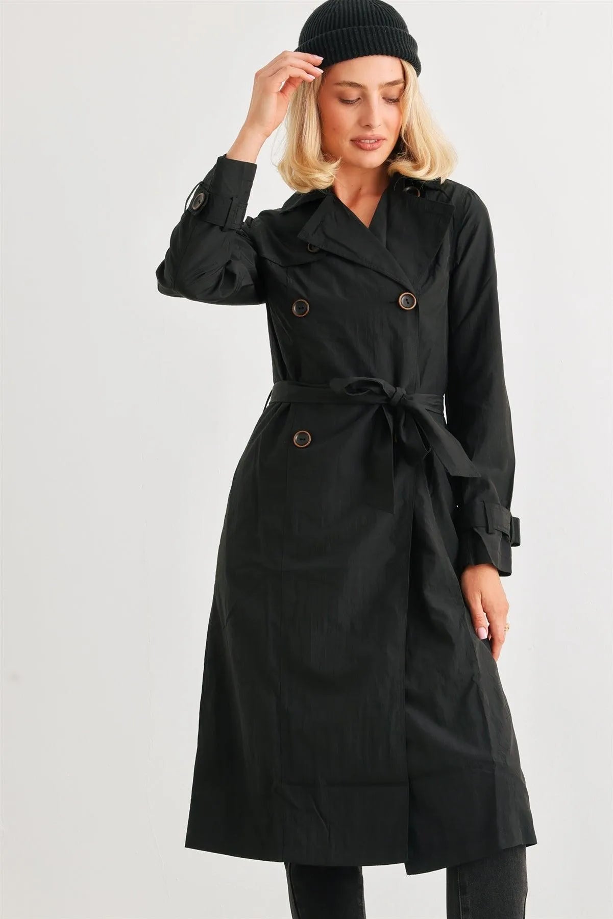 Black Double-Breasted Two Pocket Belted Collared Neck Trench Coat - Tasha Apparel Wholesale