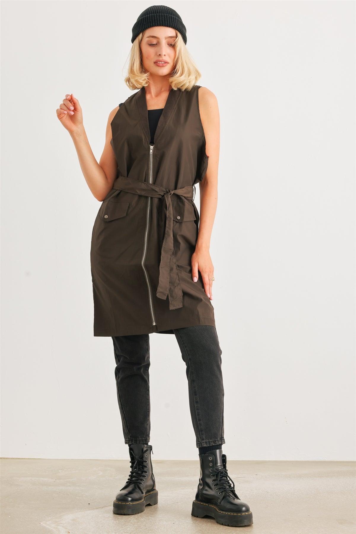 Olive Glossy Zip-Up Belted Two Pocket Long Vest /4-1