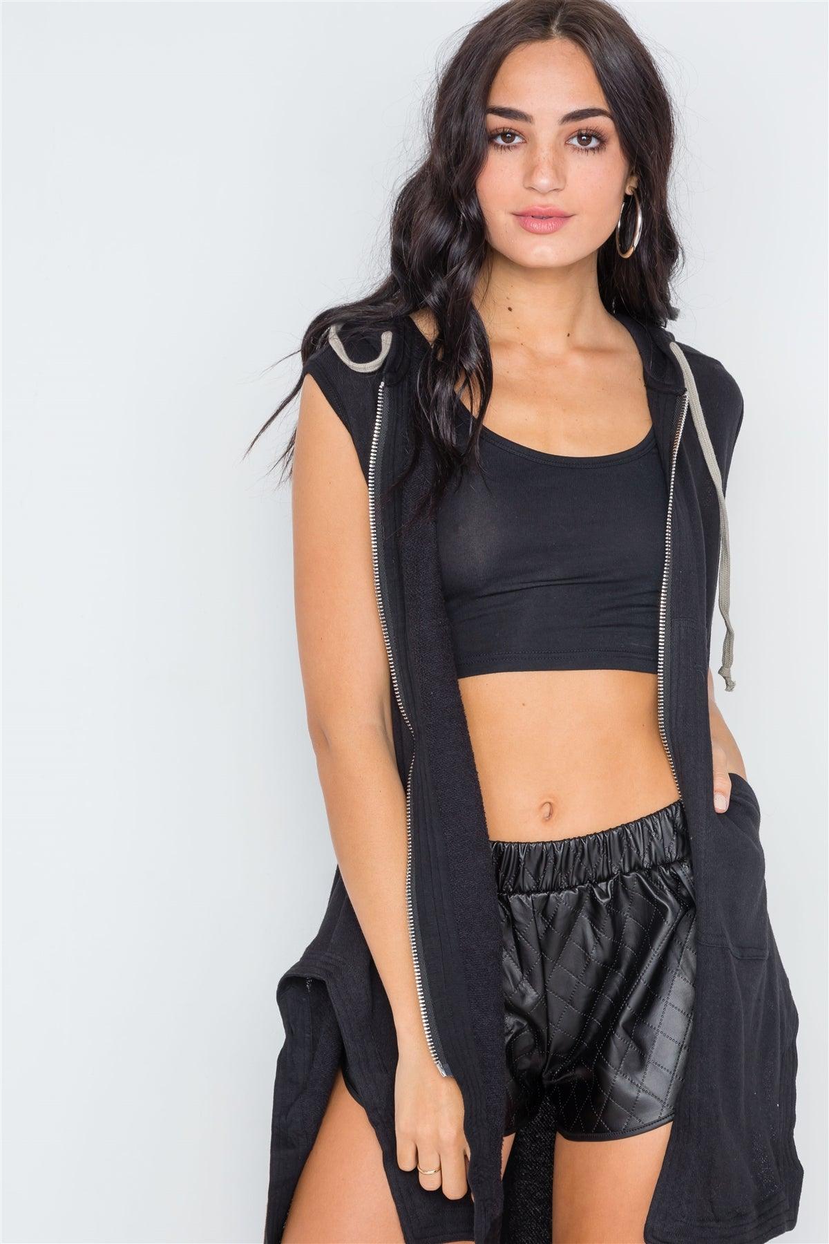 Black Sleeveless Zip-Up Hooded Knit Vest