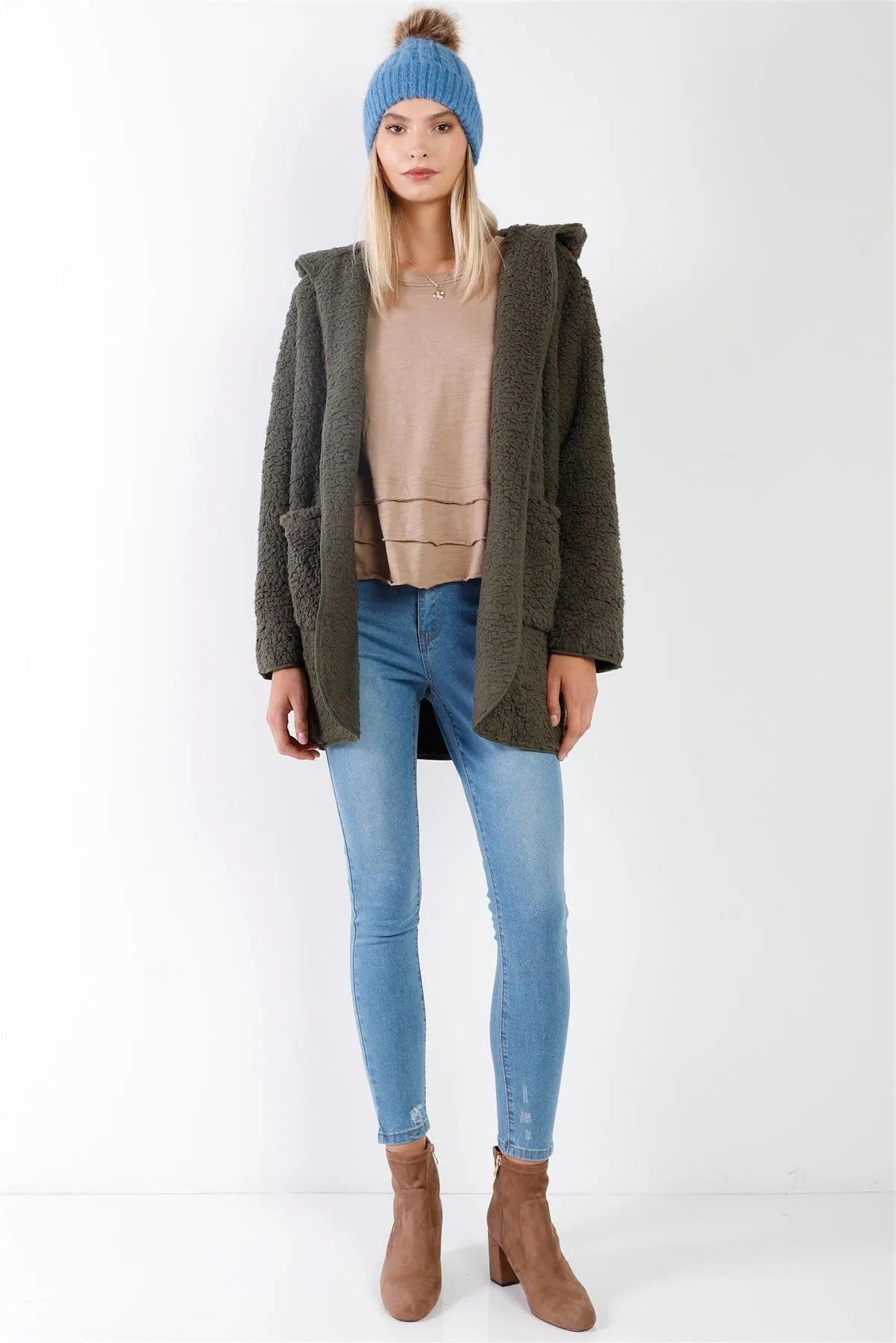 Olive Oversized Fluffy Hooded Teddy Coat /1-2-2-1 - Tasha Apparel Wholesale