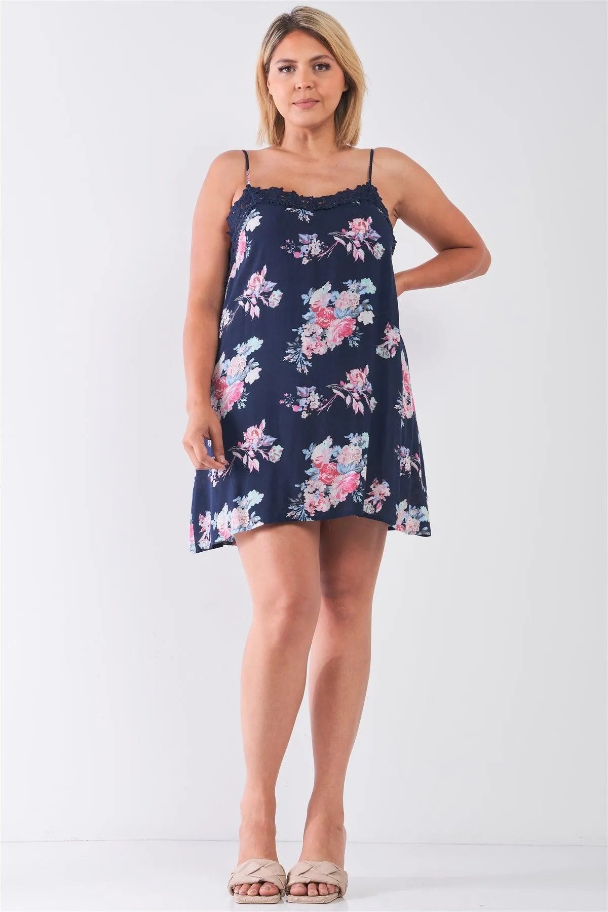 Junior Plus Size Navy Floral Crochet Boho Mini Cami Dress / 2-2-2 - Tasha Apparel Wholesale