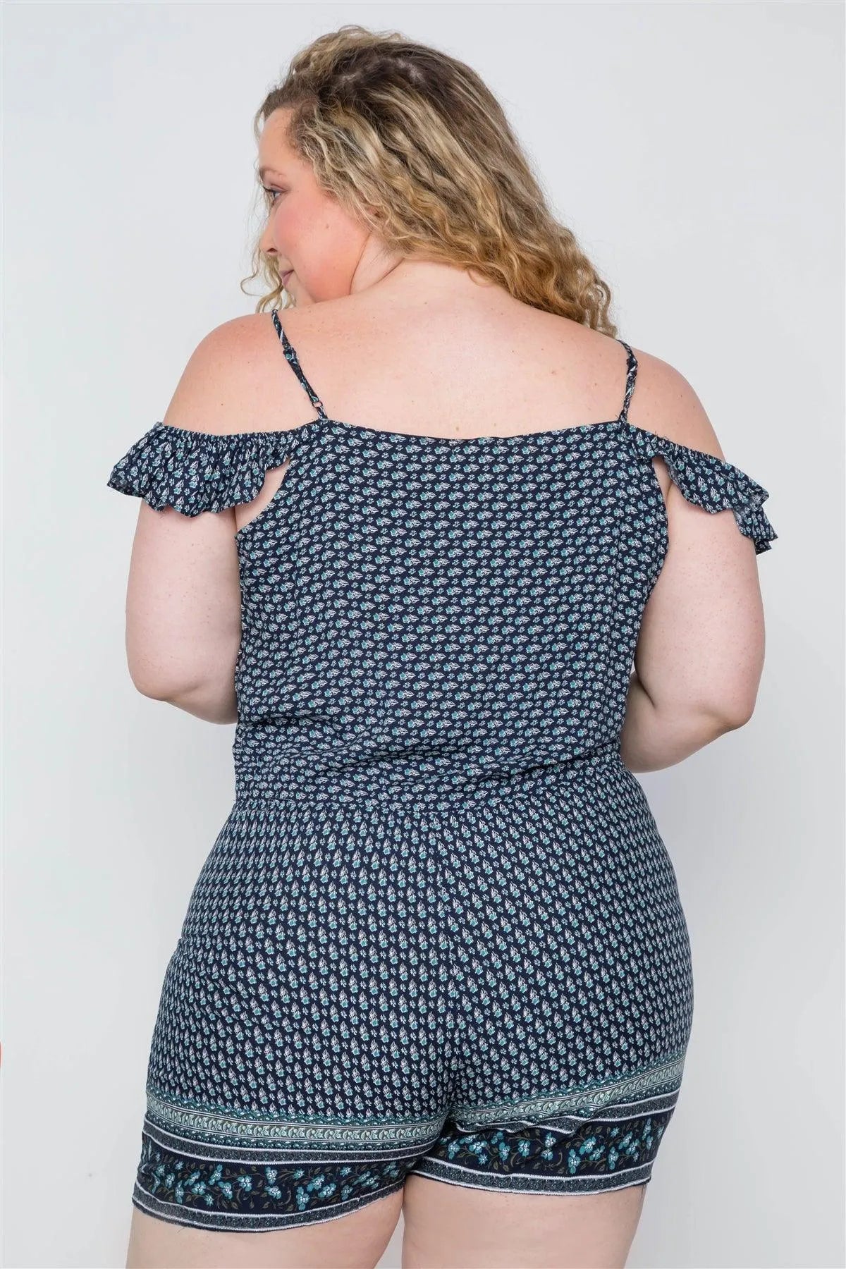 Plus Size Navy Floral Print Button Down Romper /2-2-2 - Tasha Apparel Wholesale