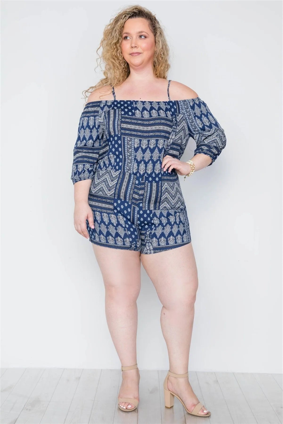 Junior Plus Size Multi Navy Paisley Print Cami Romper /2-2-2 - Tasha Apparel Wholesale