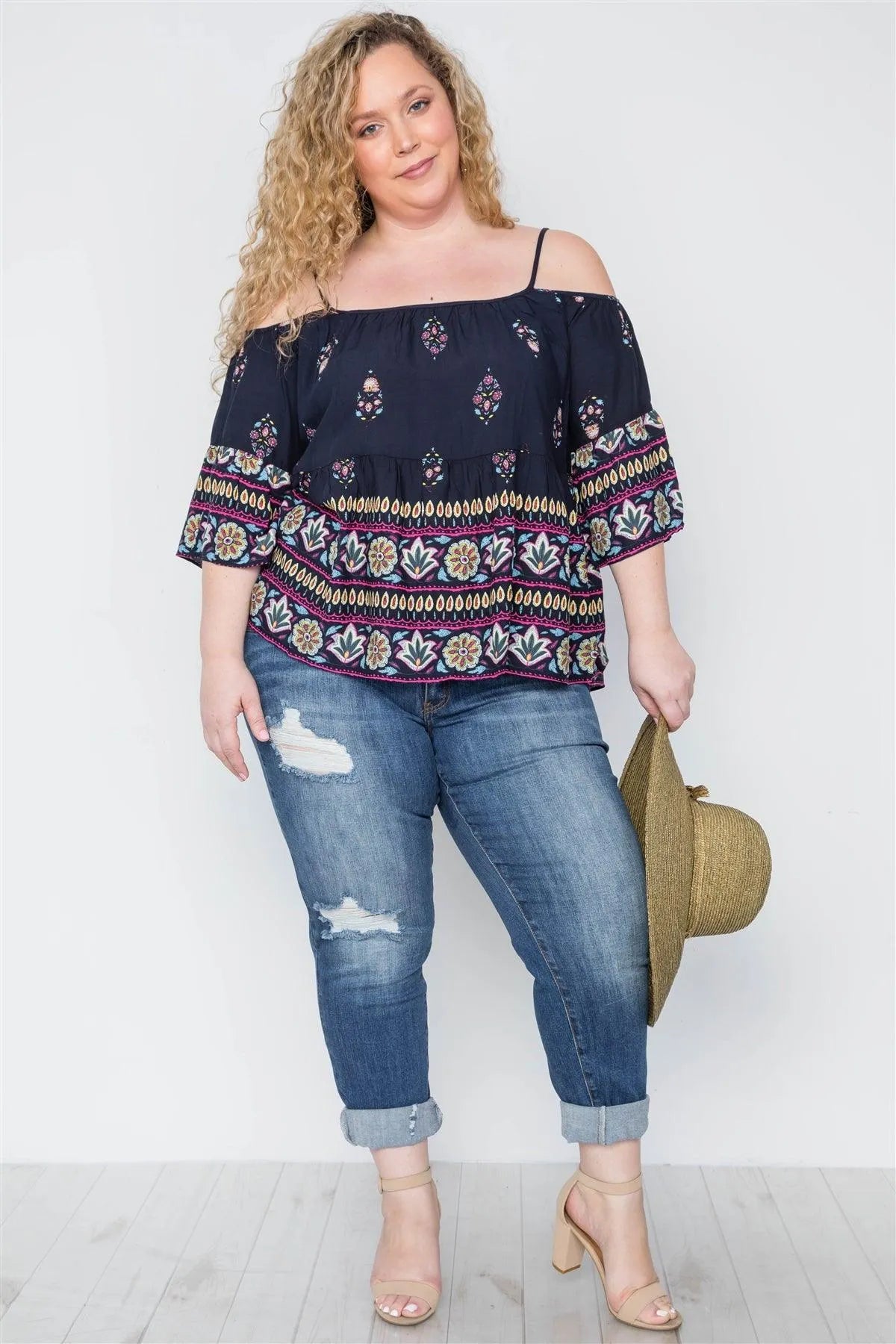 Plus Size Multi Navy Cami Open Shoulders Boho Top / 2-2-3 - Tasha Apparel Wholesale
