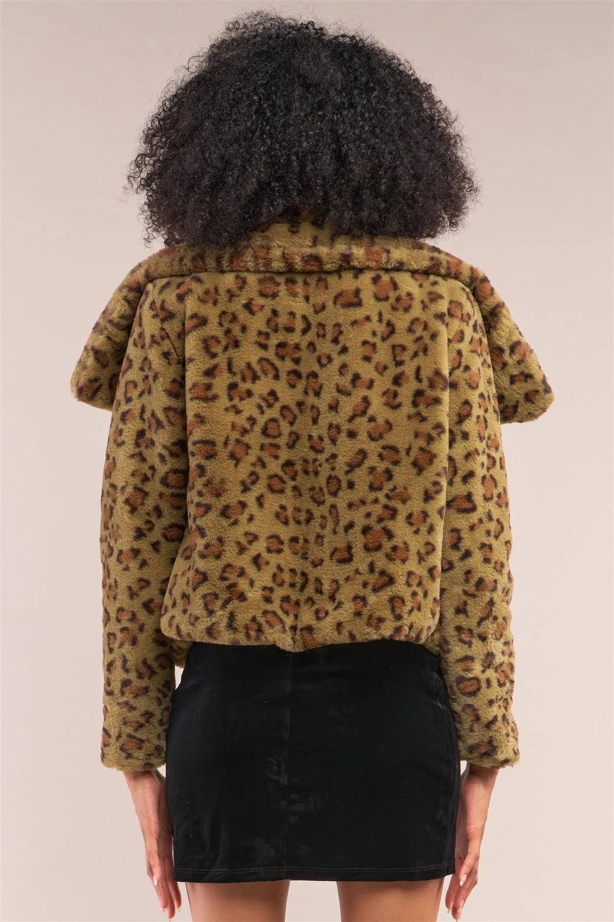 Green Leopard Print Faux Fur Open Front Oversized Collar Jacket /2-2-2 - Tasha Apparel Wholesale