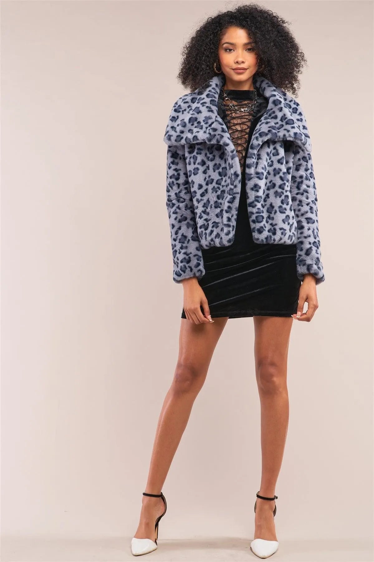 Grey Leopard Print Faux Fur Open Front Oversized Collar Jacket /2-2-2 - Tasha Apparel Wholesale