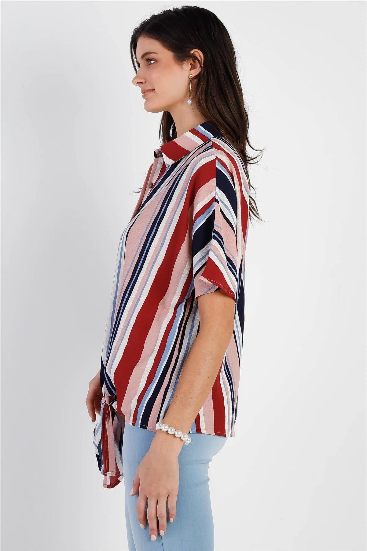 Mauve Multi Color Stripe Tie Detail Shirt Top /3-1-3 - Tasha Apparel Wholesale