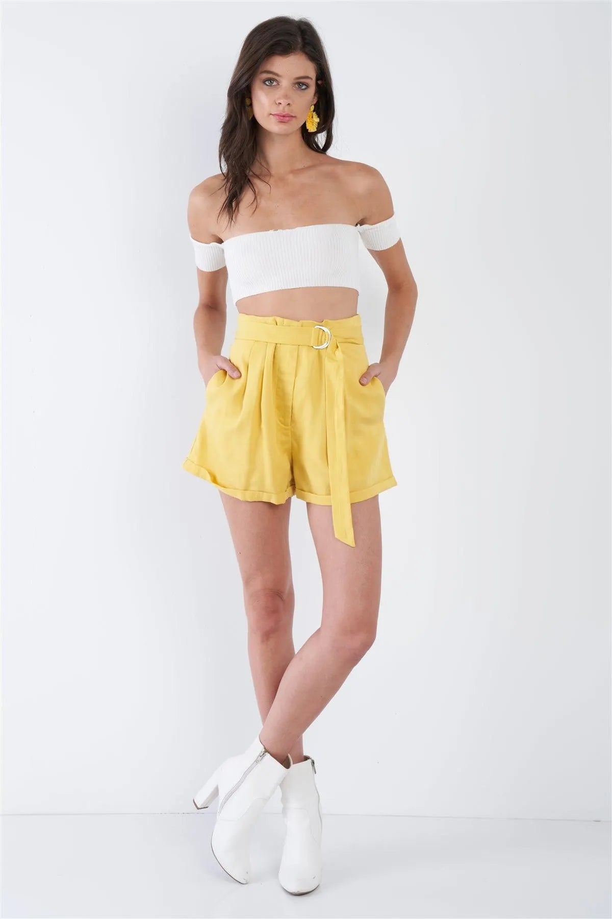Banana Yellow High Waist Tie Sash Pleated Cuffed Hem Mini Shorts /4-2-1 - Tasha Apparel Wholesale