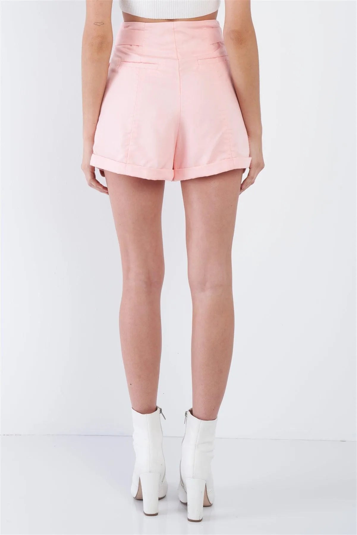 Blush High Waist Tie Pleated Cuffed Hem Mini Shorts - Tasha Apparel Wholesale