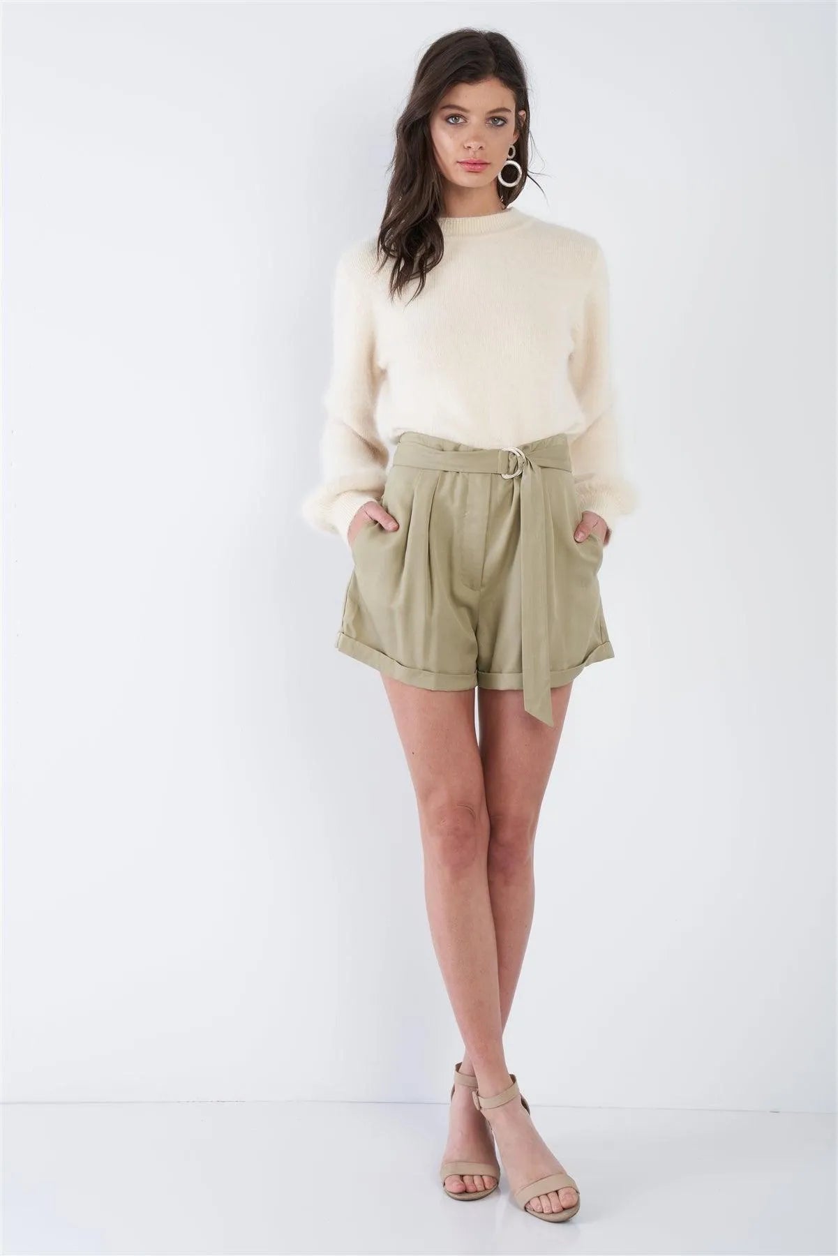 Olive High Waist Tie Sash Pleated Cuffed Hem Mini Shorts /3-2-1 - Tasha Apparel Wholesale