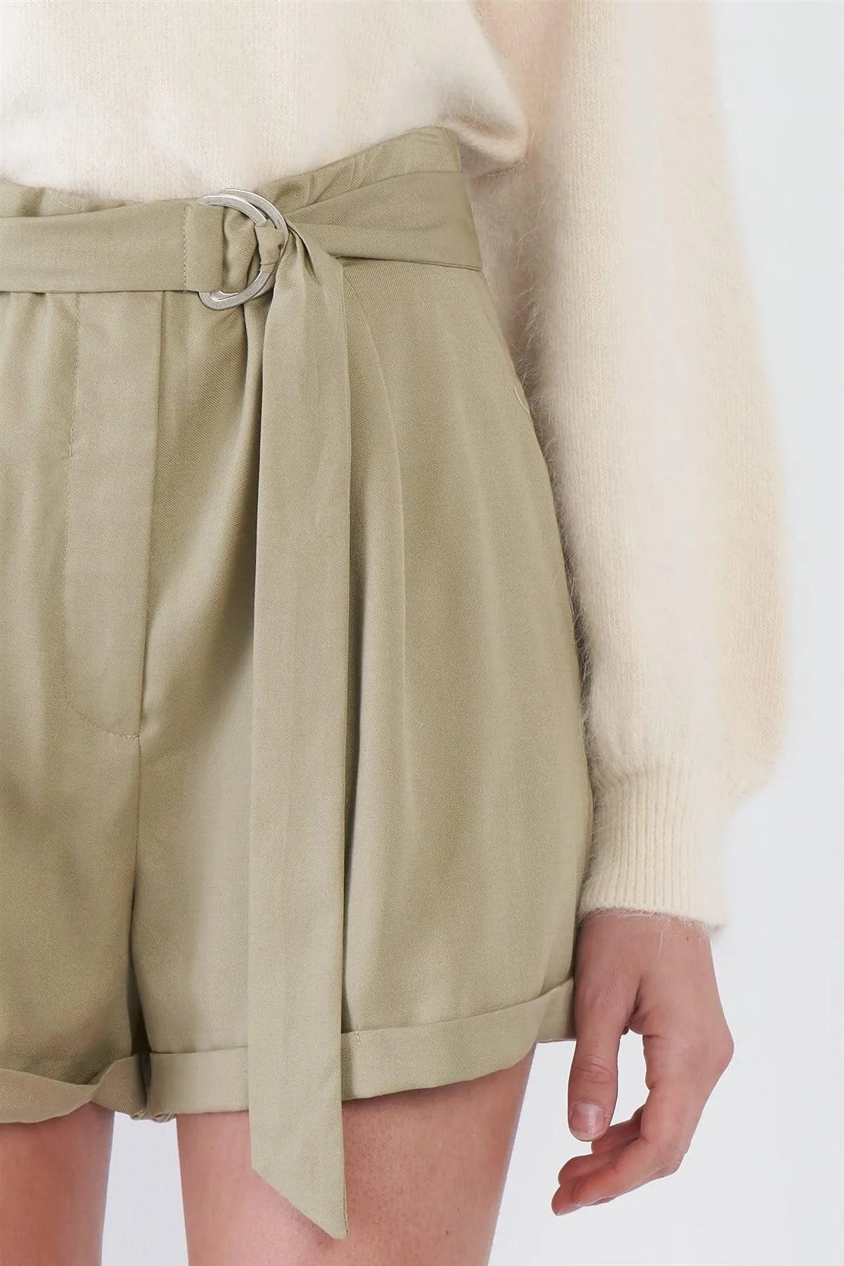 Olive High Waist Tie Sash Pleated Cuffed Hem Mini Shorts /4-2-1 - Tasha Apparel Wholesale