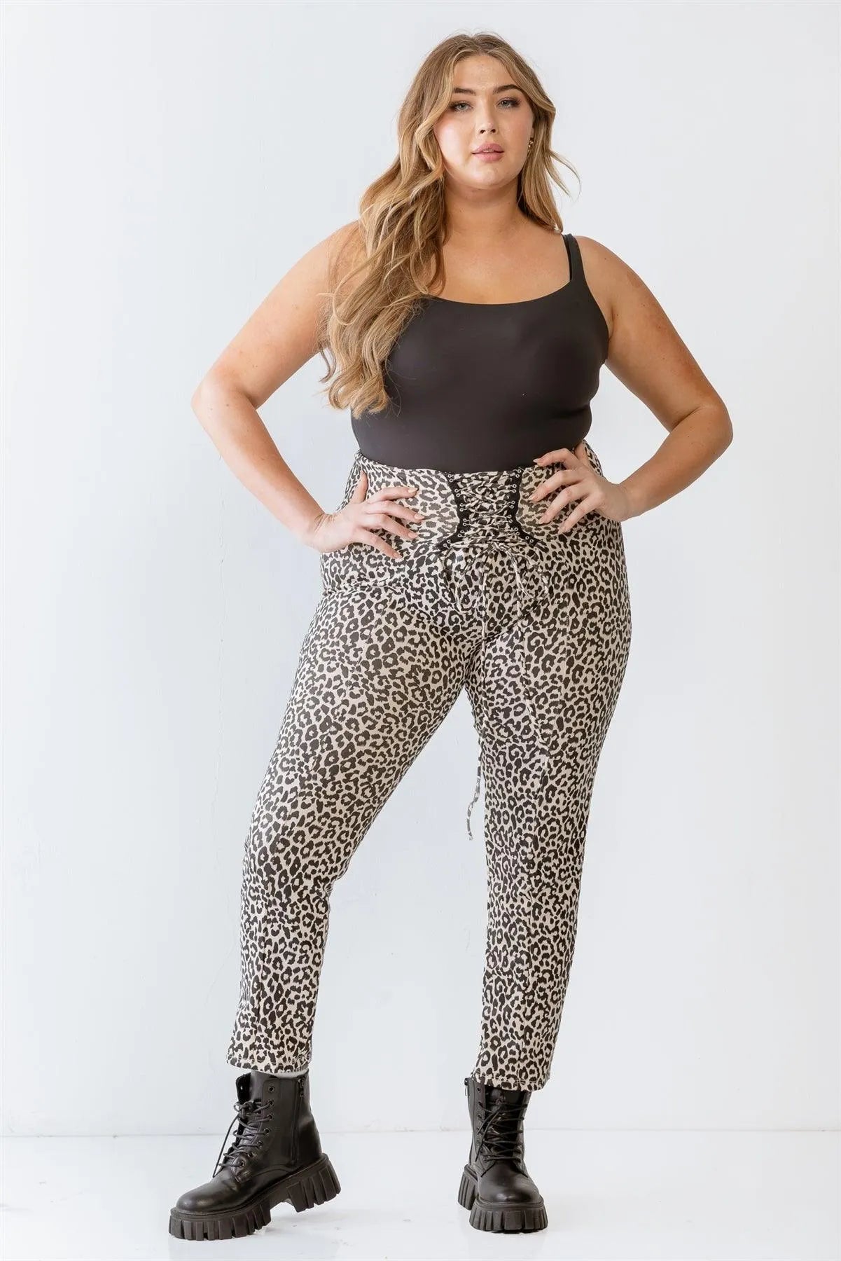 Junior Plus Cream & Black Leopard Print Lace-Up Detail Fitted Pants /2-2-1 - Tasha Apparel Wholesale