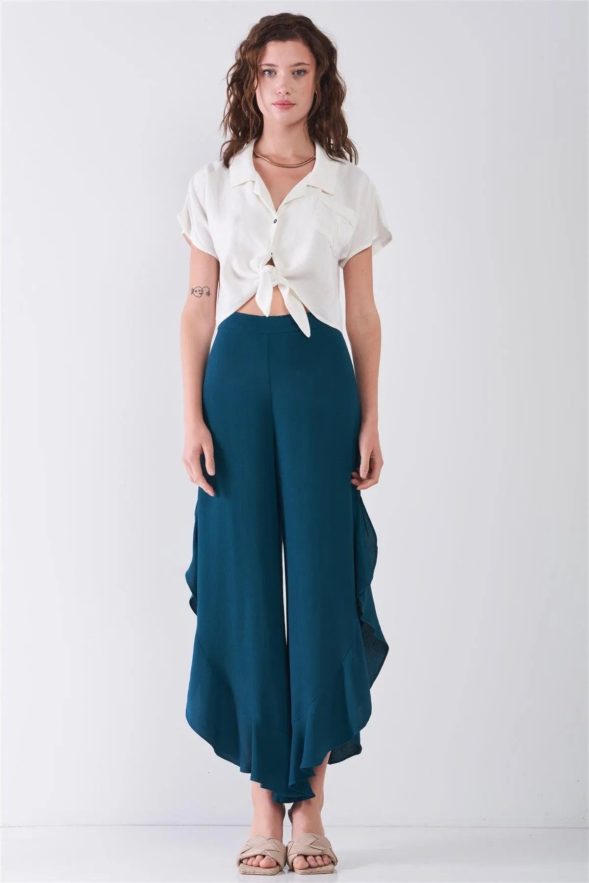 Dark-Green High-Waisted Ruffle Side Slit Wide Leg Pants /3-2-1 - Tasha Apparel Wholesale