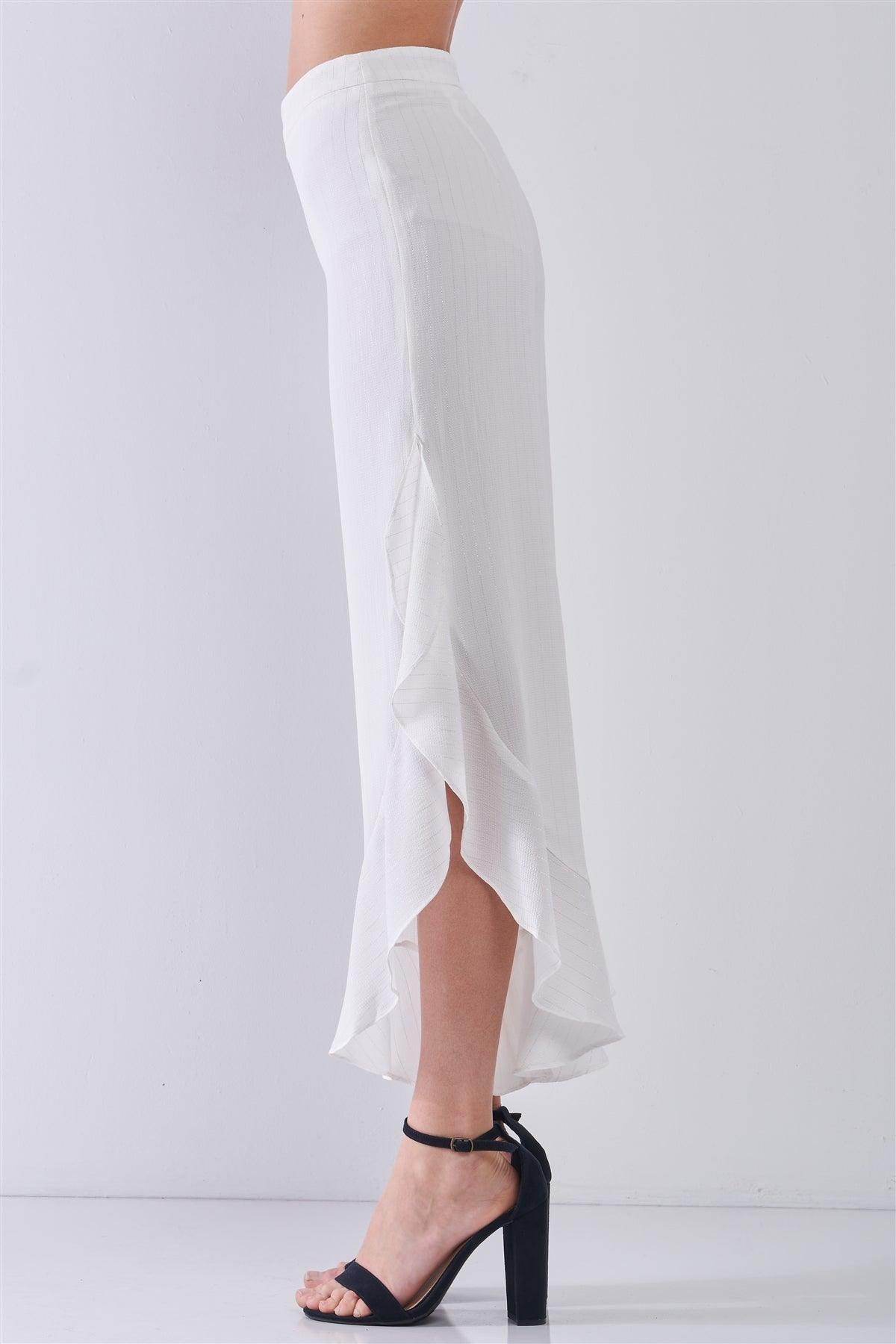 Ivory Silver Striped High-Waisted Ruffle Side Slit Midi Pants