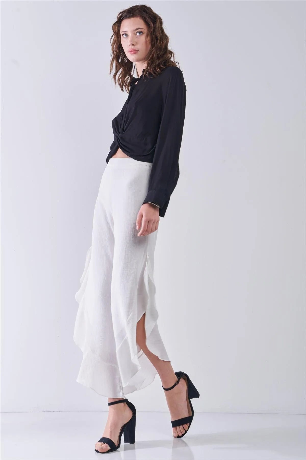 Ivory Silver Striped High-Waisted Ruffle Side Slit Midi Pants - Tasha Apparel Wholesale