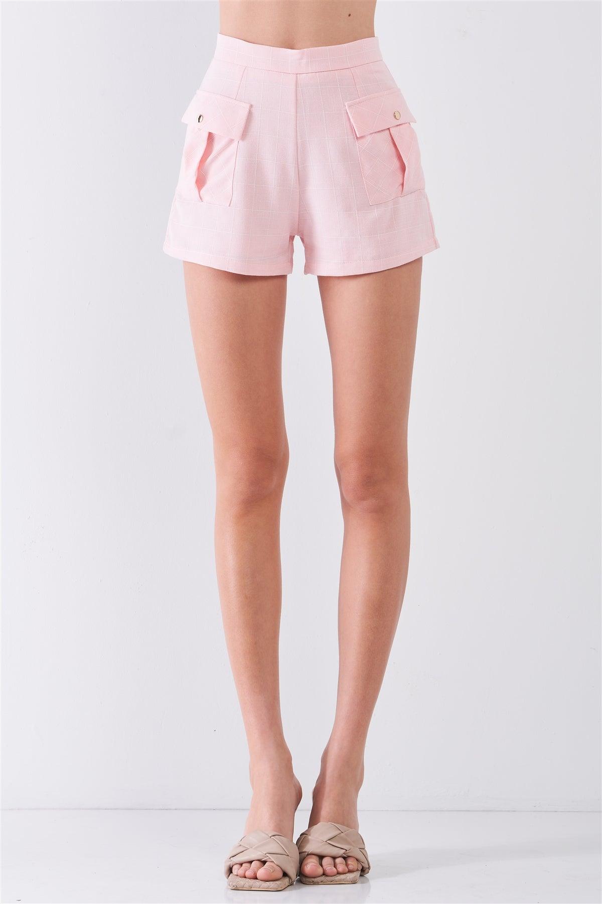 Light Pink Checkered High-Waisted Side Cargo Pockets Shorts