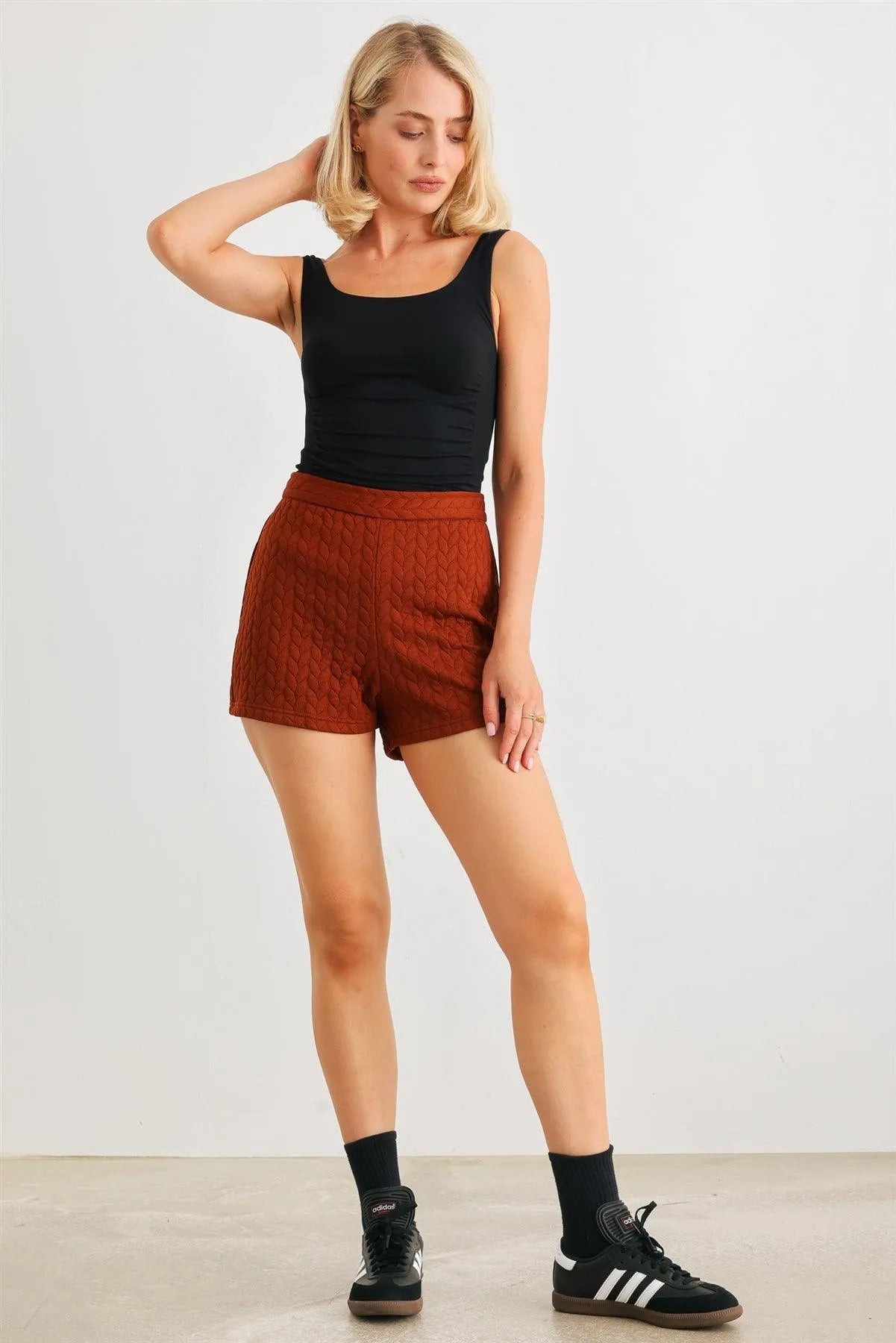 Rust Cable High Waist Shorts /2-2-2 - Tasha Apparel Wholesale