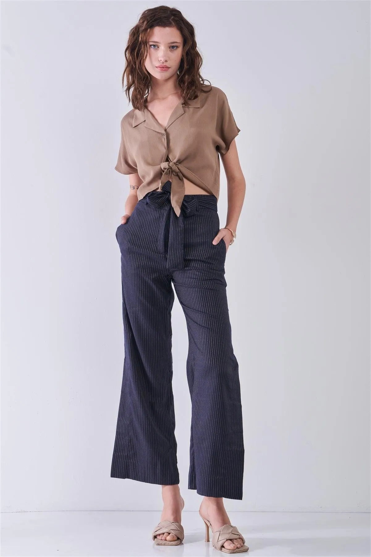 Navy & Gold Striped High Waist Detachable Self-Tie Belt Slit Sides Detail Wide Leg Pants /3-2-1 - Tasha Apparel Wholesale
