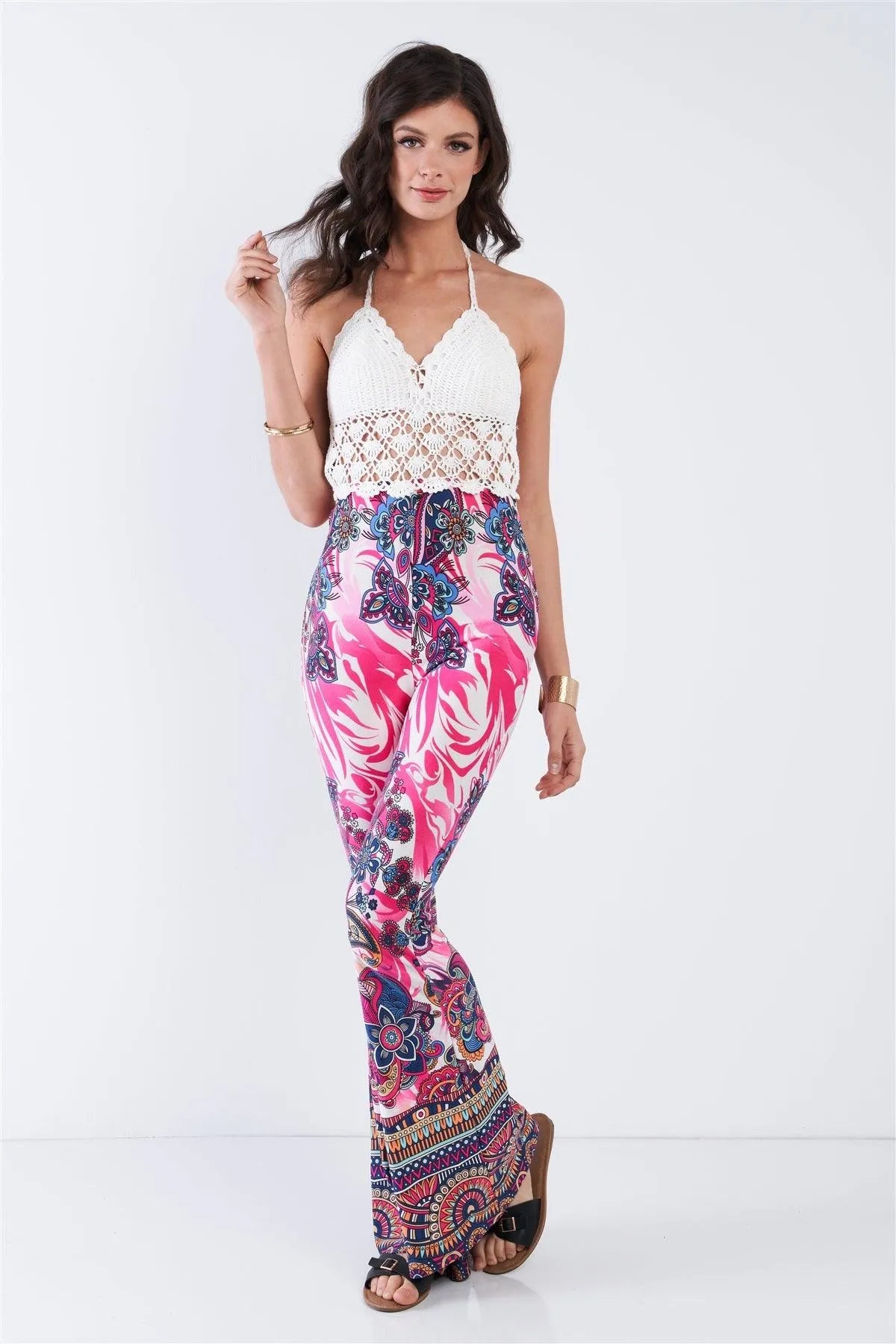 White Pink Crochet Halter Neck Open Back Floral Wide Leg Jumpsuit /2-2-2 - Tasha Apparel Wholesale