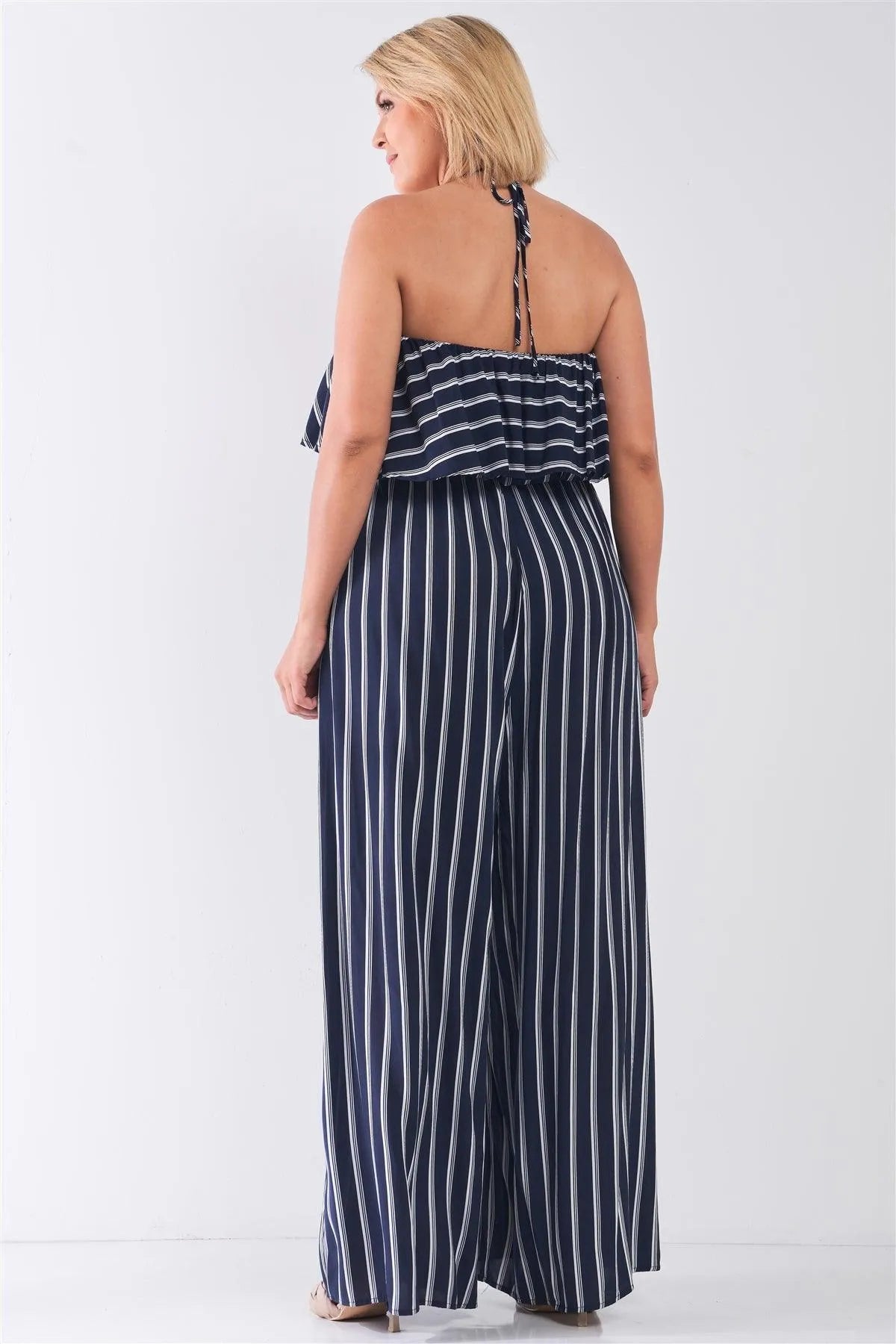 Junior Plus Size Navy White Wide Leg Jumpsuit /2-2-2 - Tasha Apparel Wholesale