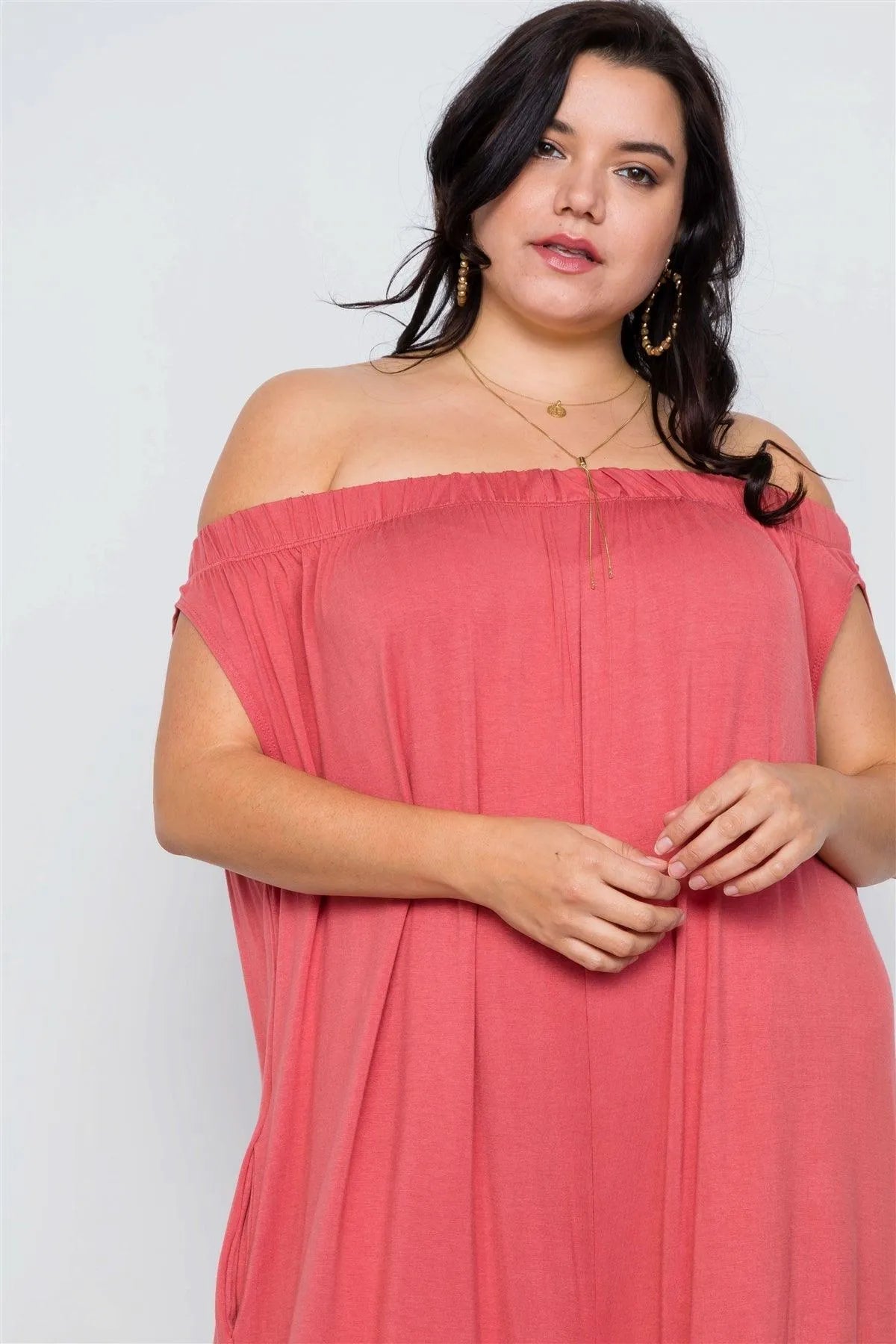 Plus Size Coral Basic Off-The-Shoulder Jumpsuit / 2-2-2 - Tasha Apparel Wholesale