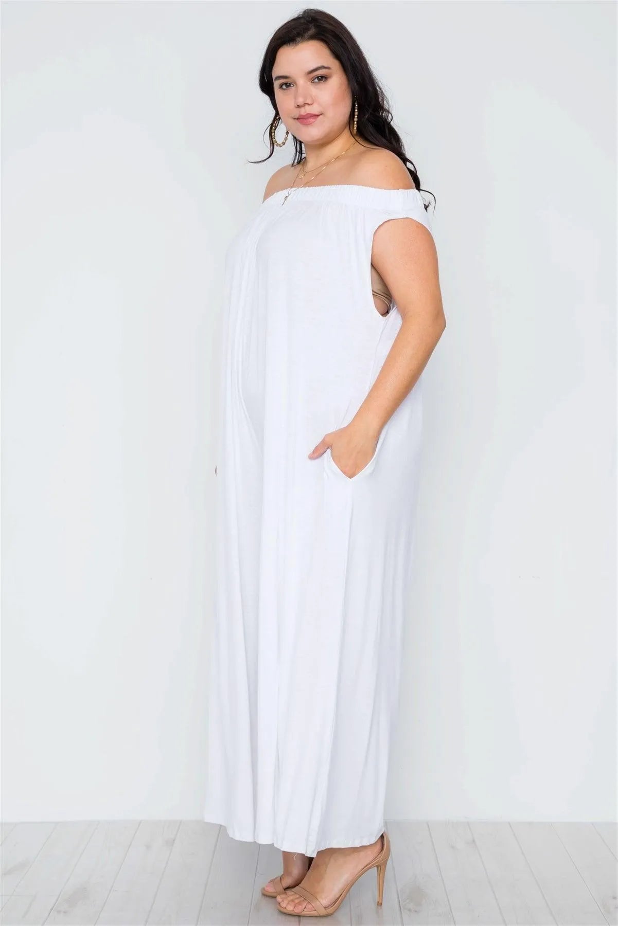 Plus Size White Off-The-Shoulder Loose Fit Jumpsuit / 2-2-2 - Tasha Apparel Wholesale