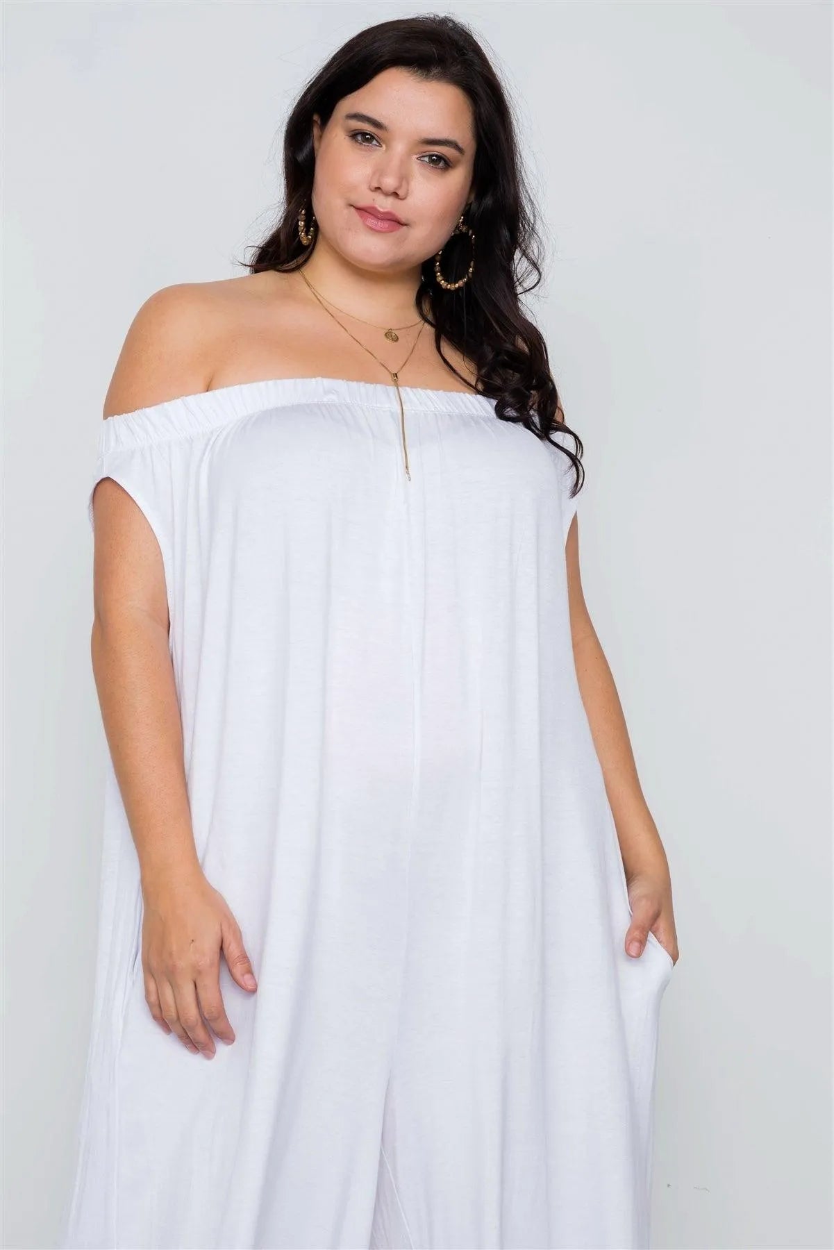 Plus Size White Off-The-Shoulder Loose Fit Jumpsuit / 1-3-3 - Tasha Apparel Wholesale