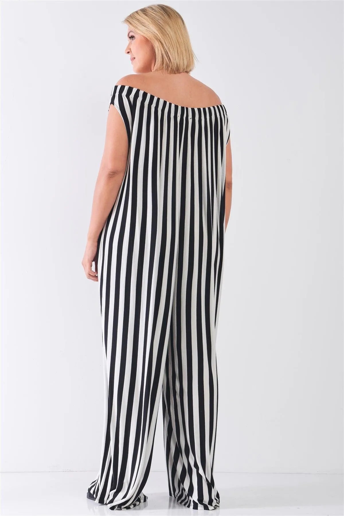 Plus Size Black & White Off-The-Shoulder Stripe Jumpsuit / 2-2-2 - Tasha Apparel Wholesale