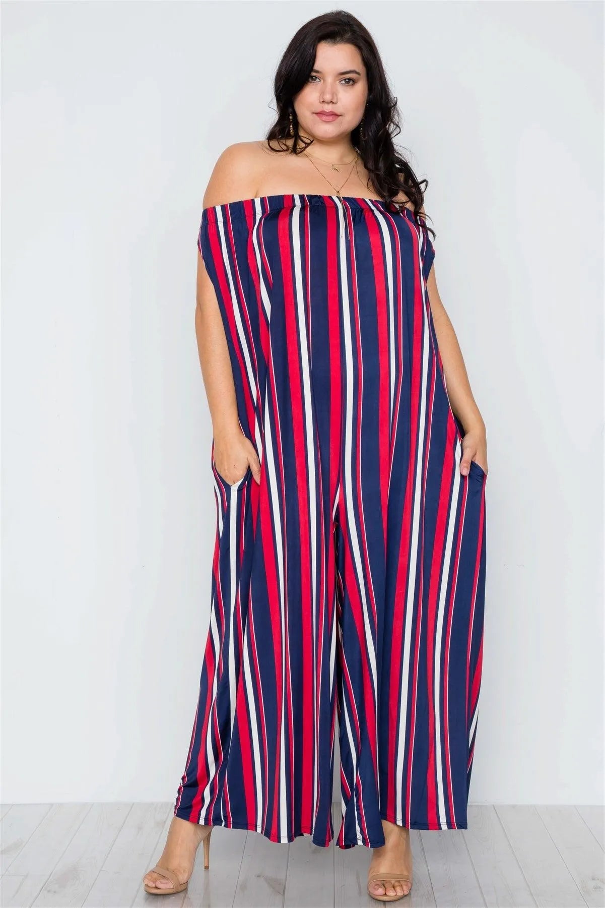 Plus Size Navy Red Off-The-Shoulder Stripe Jumpsuit / 2-2-2 - Tasha Apparel Wholesale
