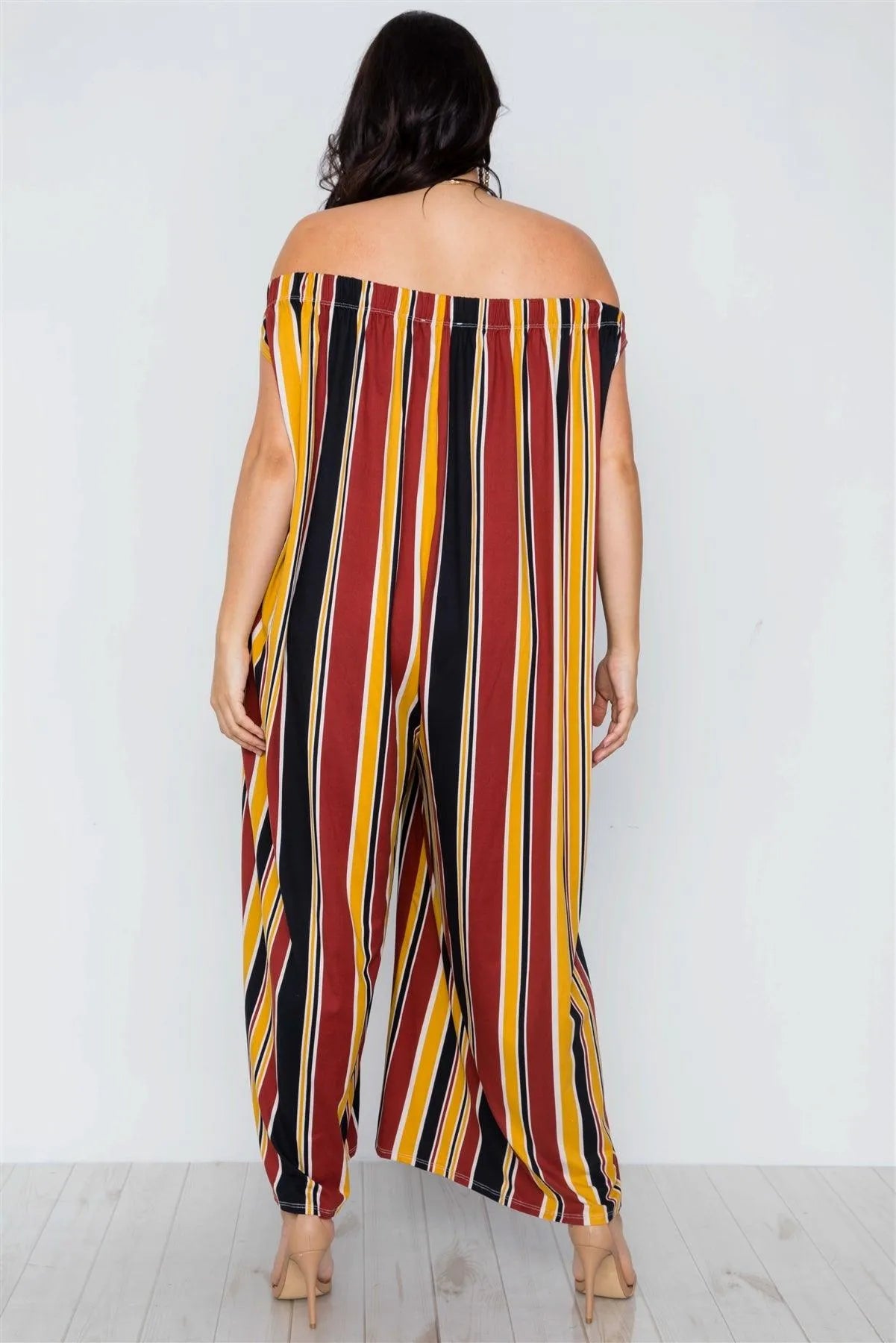 Plus Size Mustard Brown Off-The-Shoulder Stripe Jumpsuit - Tasha Apparel Wholesale