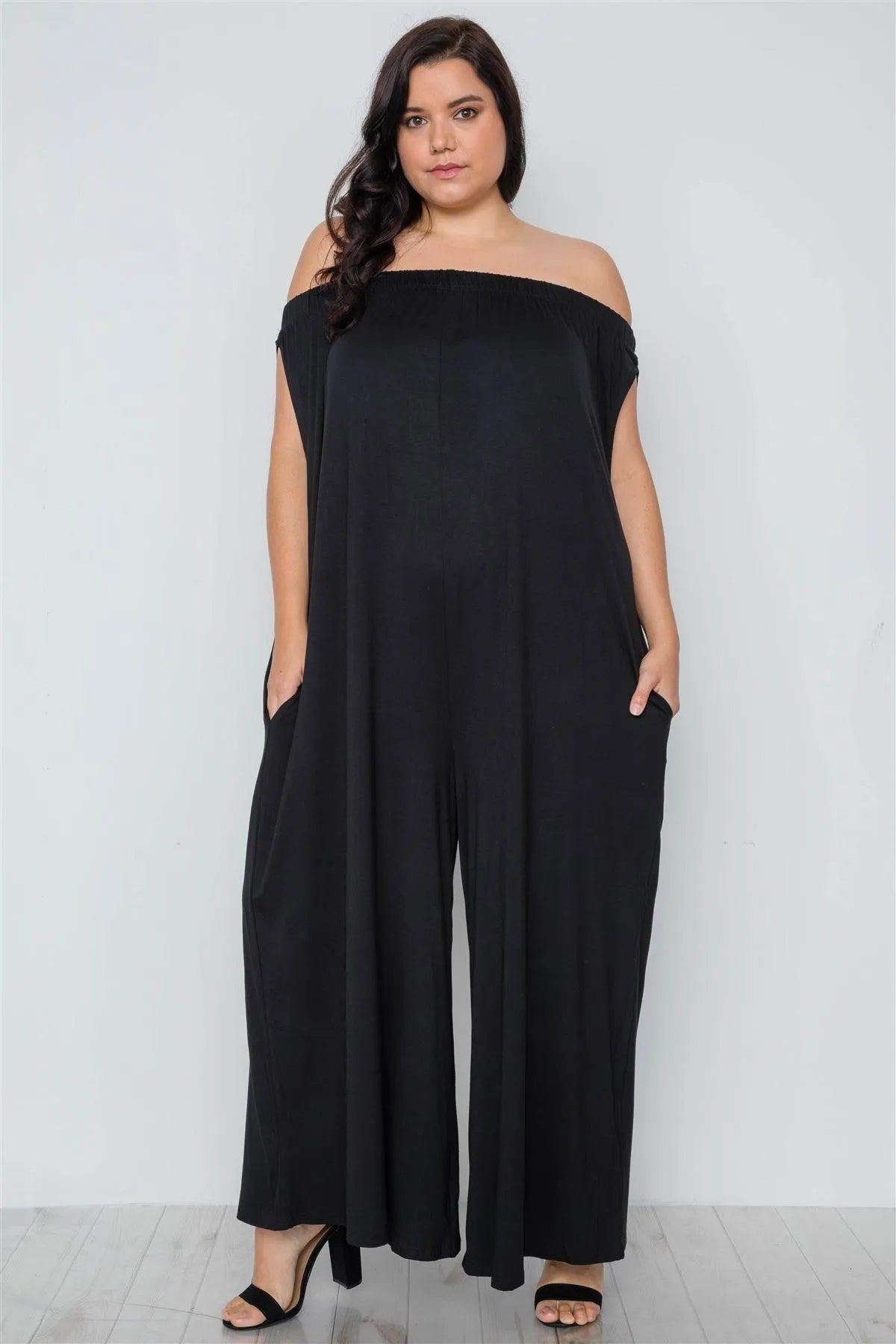 Plus Size Black Basic Off-The-Shoulder Jumpsuit /2-2 - Tasha Apparel Wholesale