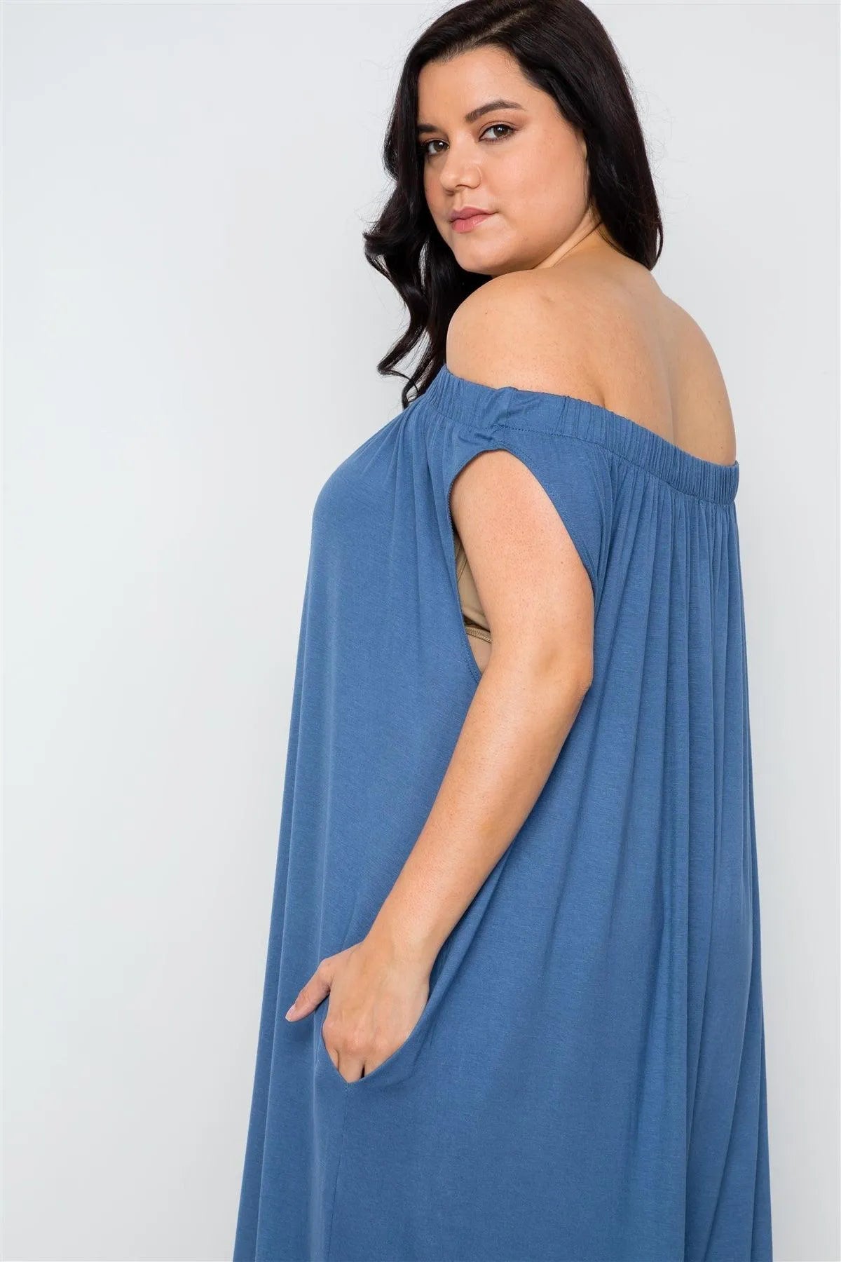 Plus Size Denim Blue Basic Off-The-Shoulder Jumpsuit - Tasha Apparel Wholesale