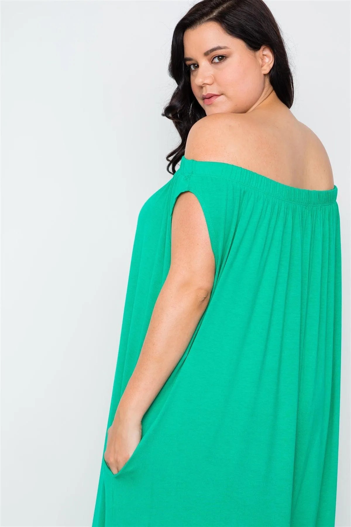 Junior Plus Size Kelly Green Basic Off-The-Shoulder Jumpsuit / 2-2-2 - Tasha Apparel Wholesale