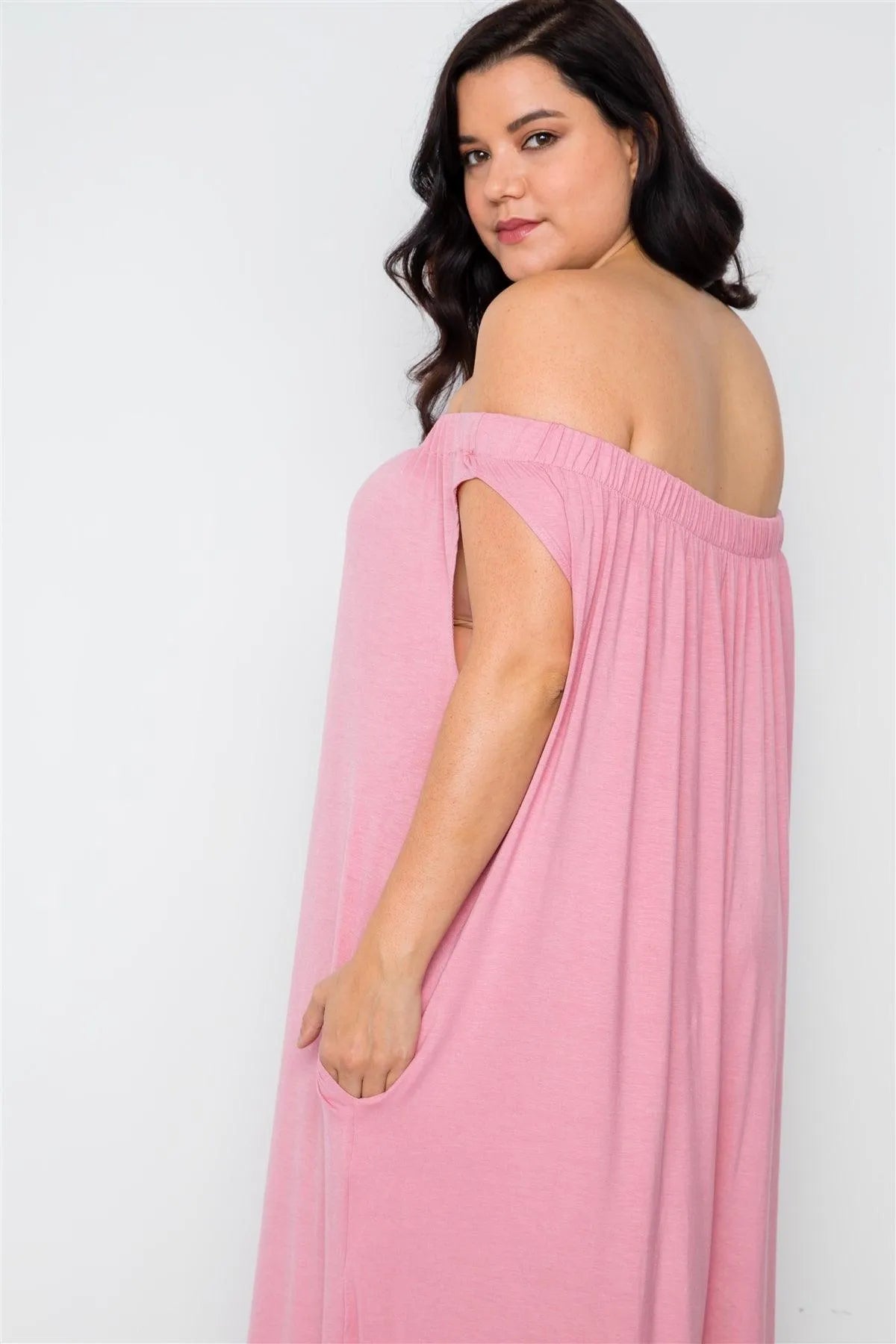 Junior Plus Size Mauve Basic Off-The-Shoulder Jumpsuit / 2-2-2 - Tasha Apparel Wholesale