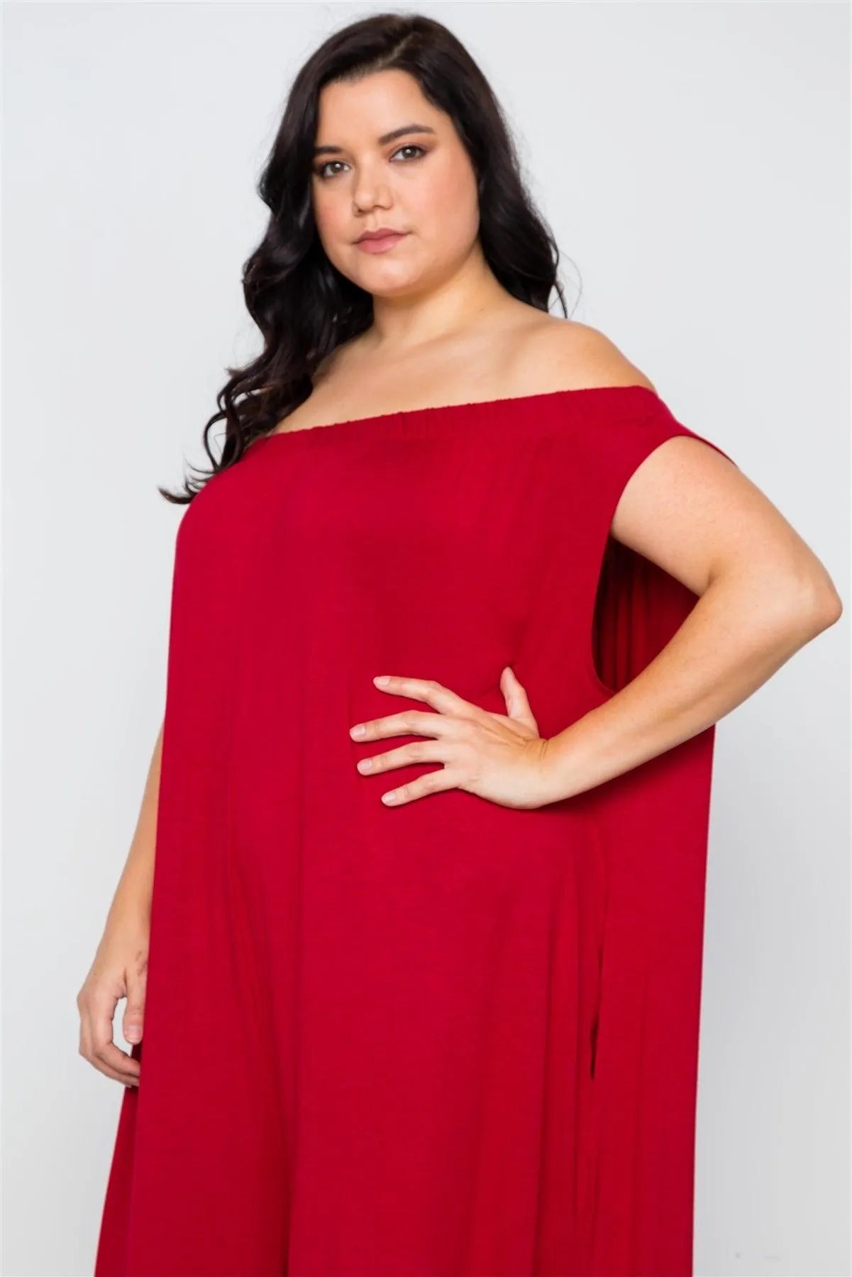 Plus Size Red Basic Off-The-Shoulder Jumpsuit /1-2-3 - Tasha Apparel Wholesale