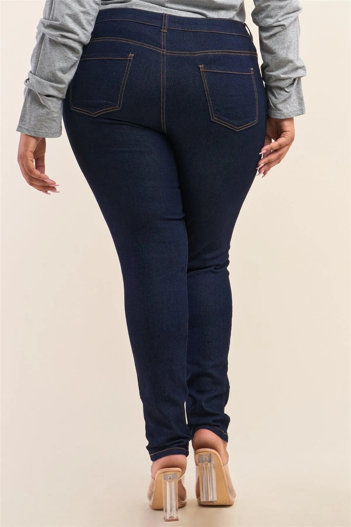 Plus Size Dark Blue Low-Mid Rise Straight Cut Denim Pants /1-2-3-3-2-1 - Tasha Apparel Wholesale