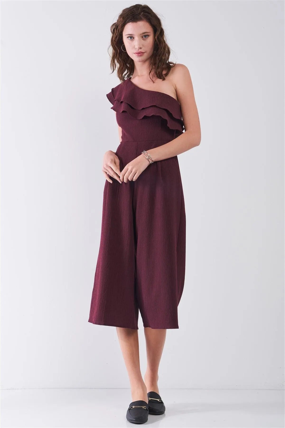 Wine Red Sleeveless One-Shoulder Ruffle Detail Wide Leg Midi Jumpsuit /3-2-1 - Tasha Apparel Wholesale