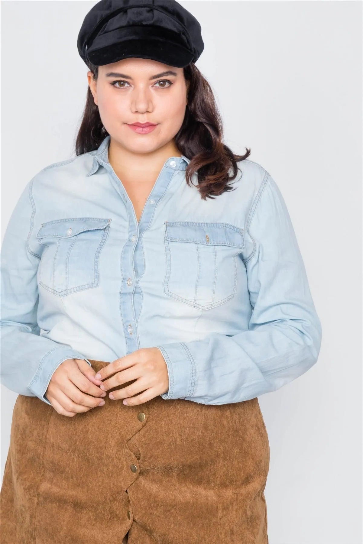 Plus Size Light Wash Denim Button Down Long Sleeve Top - Tasha Apparel Wholesale