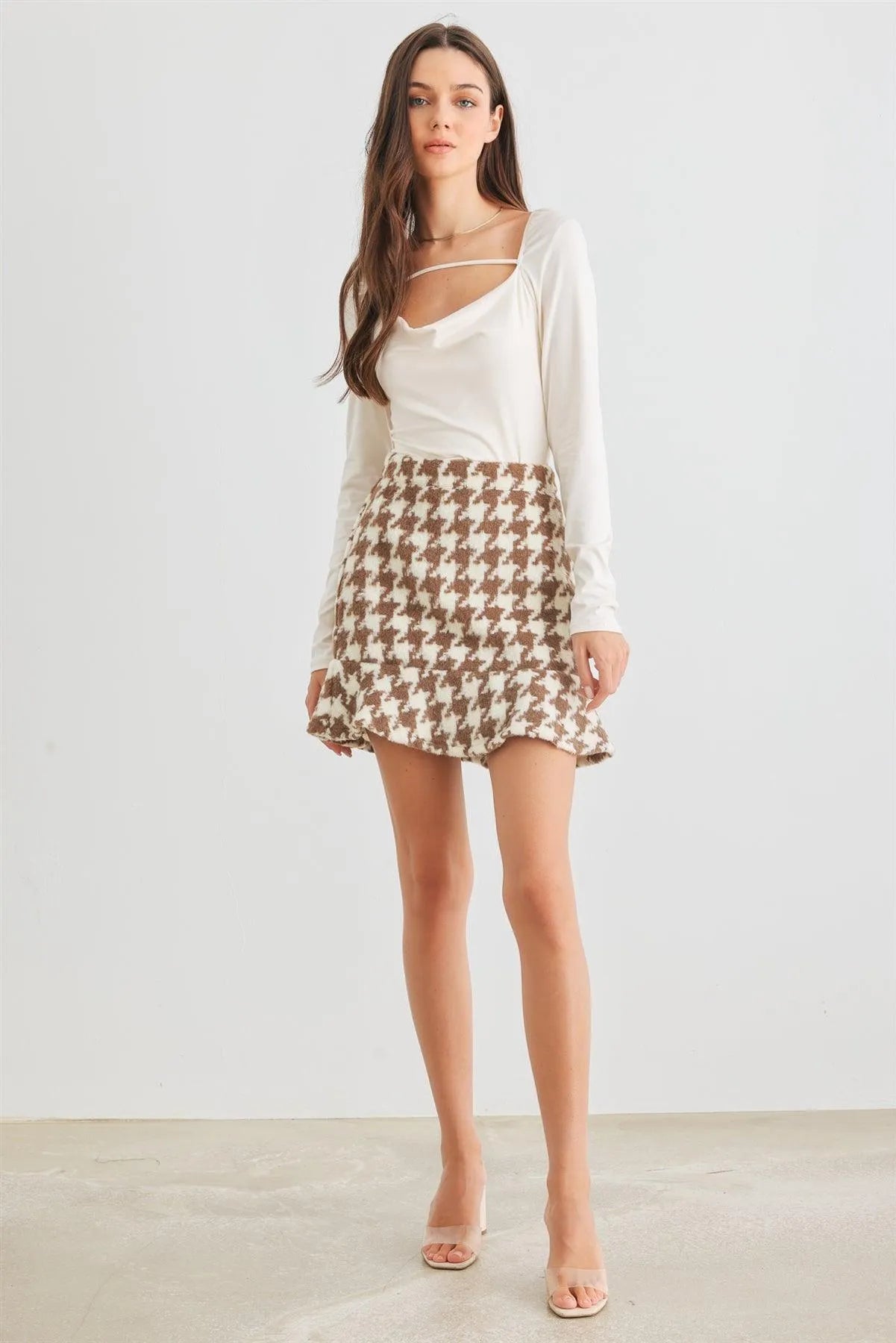 Brown & Ivory Abstract Fuzzy High Waist Mini Skirt /3-2-2 - Tasha Apparel Wholesale