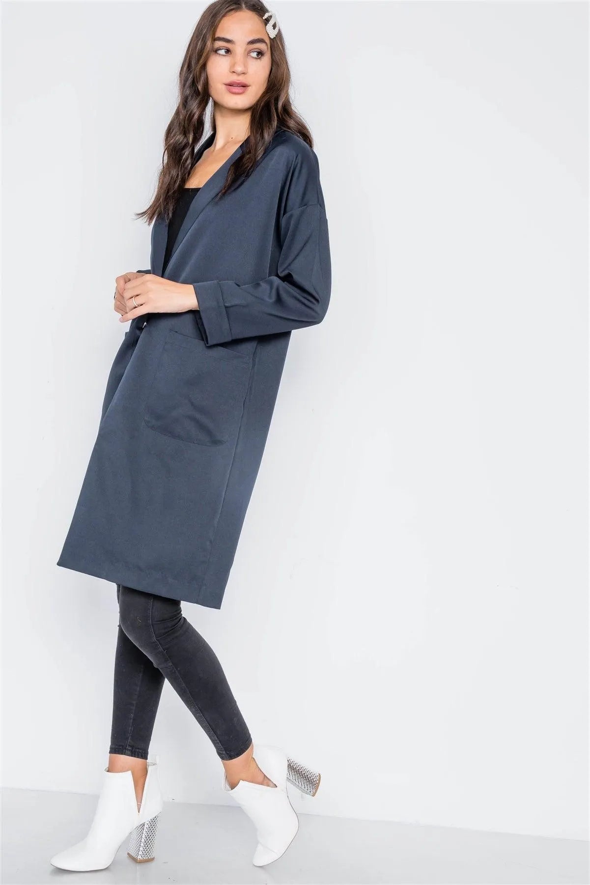Navy Lightweight Longline Button Front Jacket /3-2-1 - Tasha Apparel Wholesale
