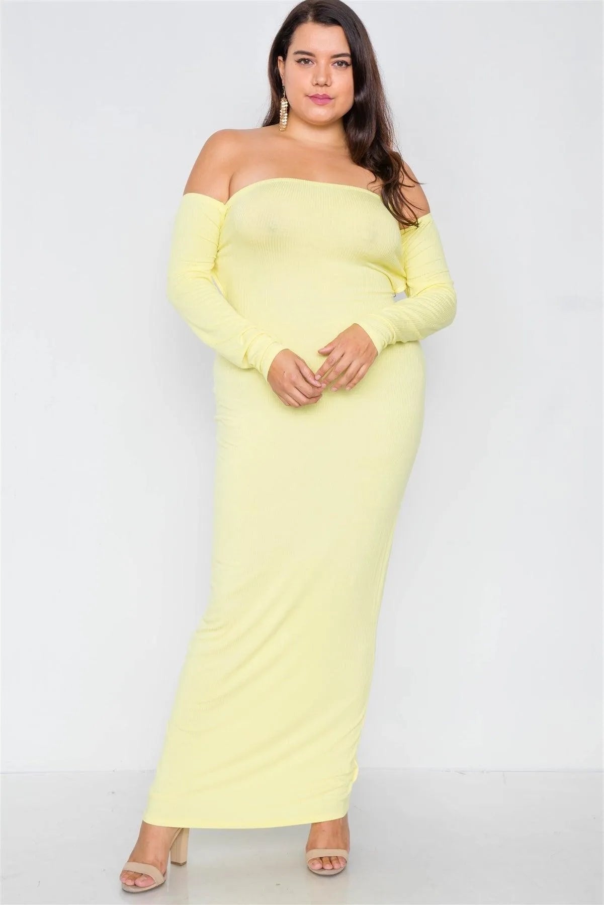 Plus Size Ribbed Yellow Maxi Dress - Tasha Apparel Wholesale