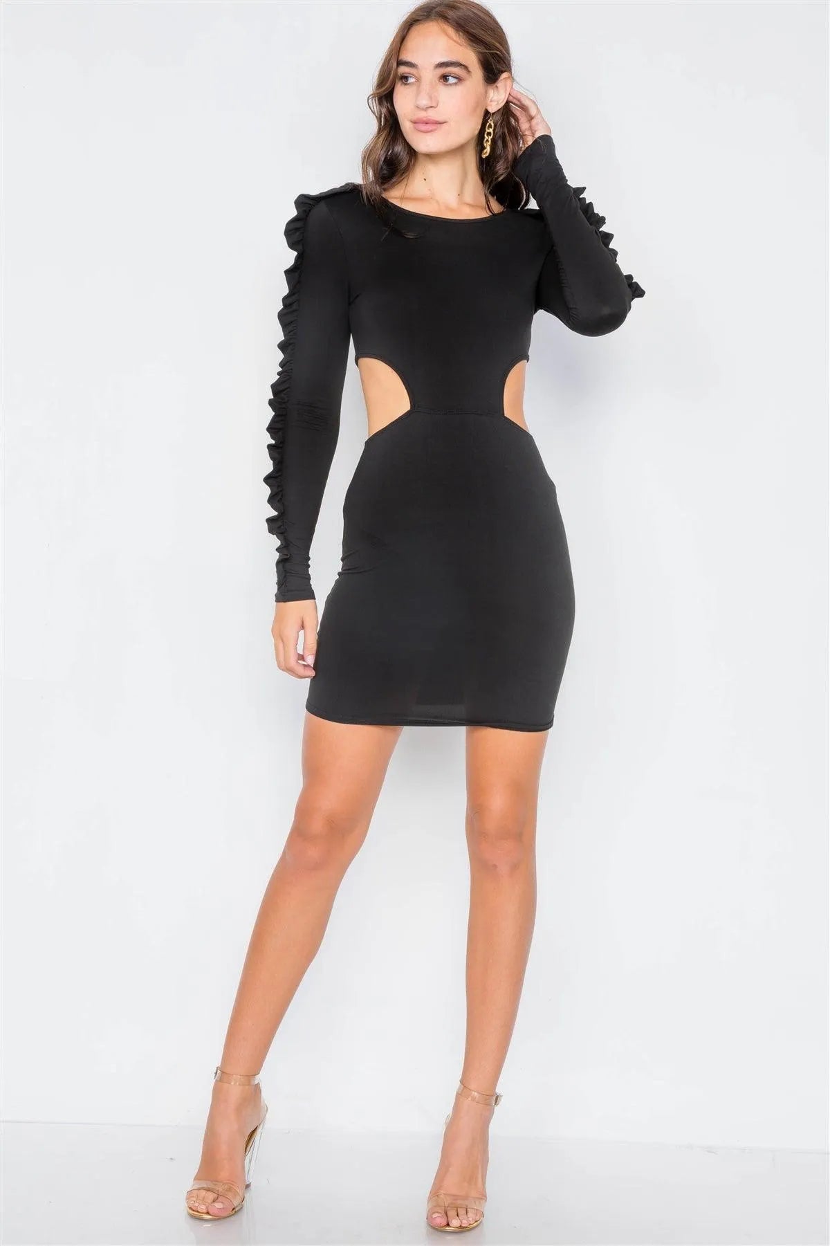 Solid Black Cut-Out Flounce Sleeve Trim Mini Dress - Tasha Apparel Wholesale